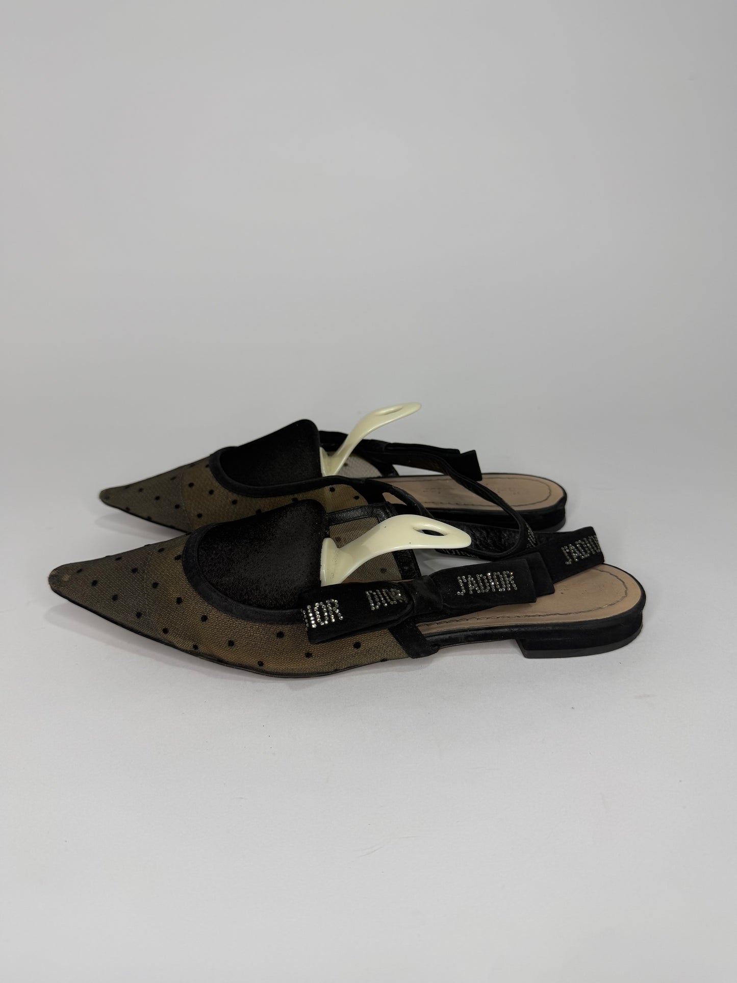 Dior Black Polka Dot Mesh and Crystal Embellished Suede J'adior Slingback Flats Size 39 EU/ 9 US/ 6 UK