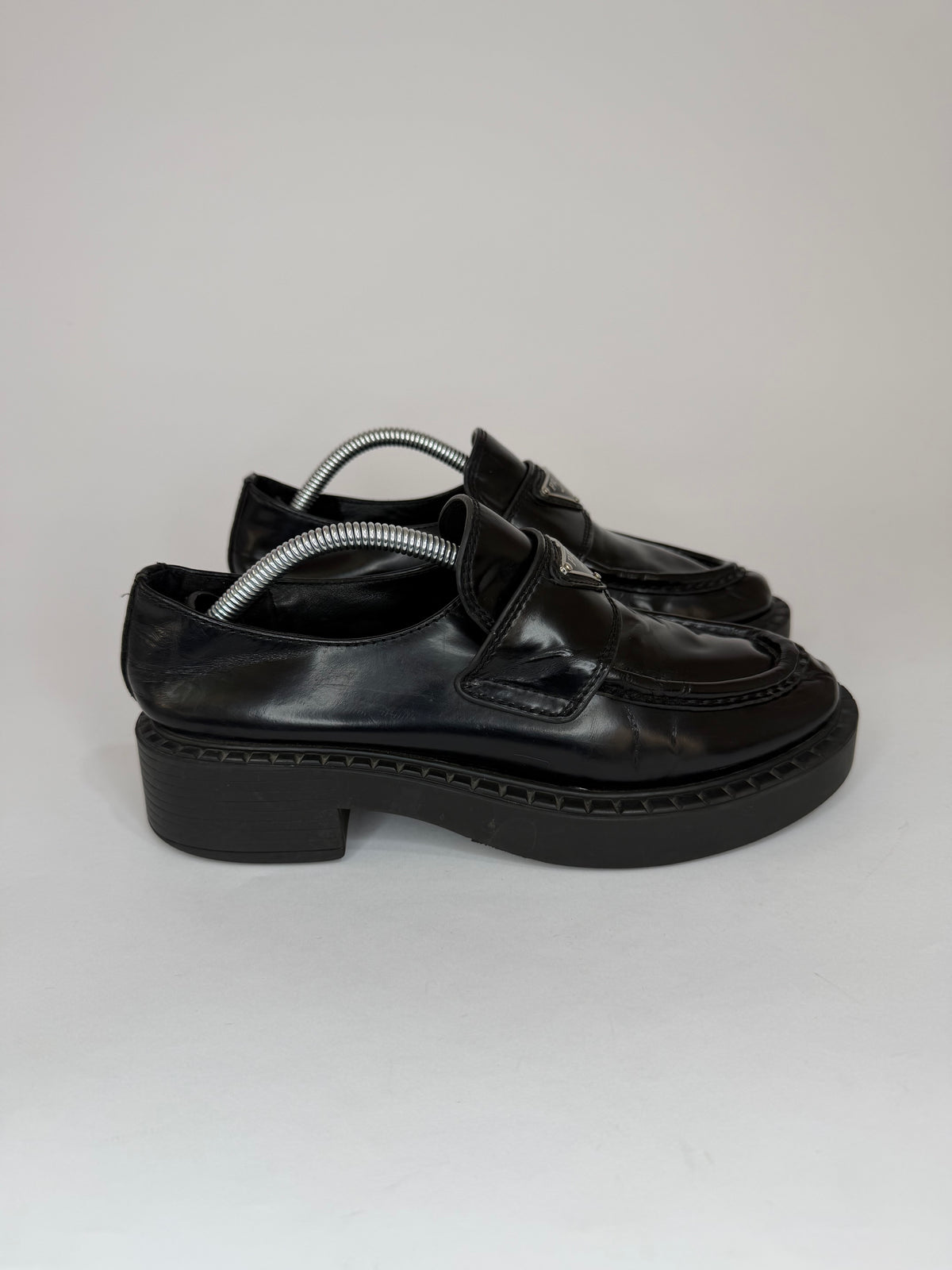 PRADA Vernice Metal Triangle Logo 50mm Loafers Size 37 EU/7 US/ 4 UK
