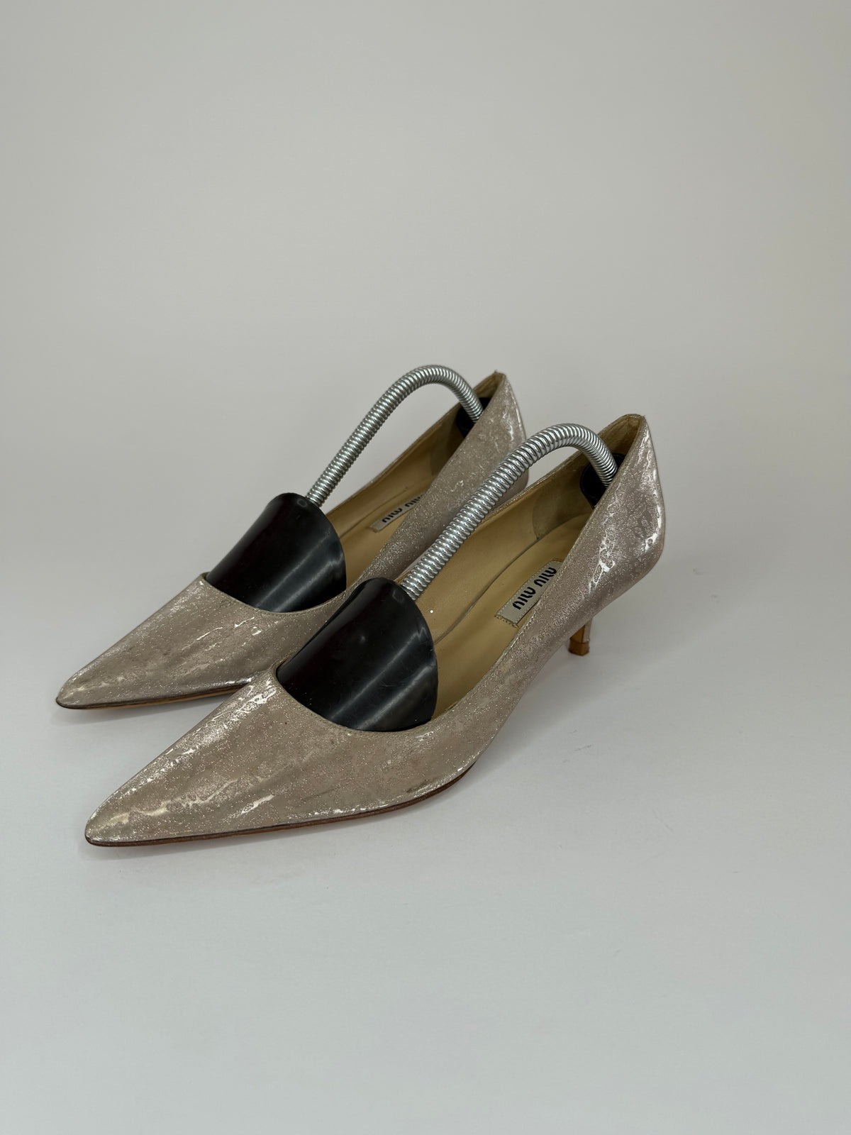 Miu Miu Metallic Silver Beige Pointed Toe Kitten Heel Pumps Size 36 EU/ 6 US/ 3 UK