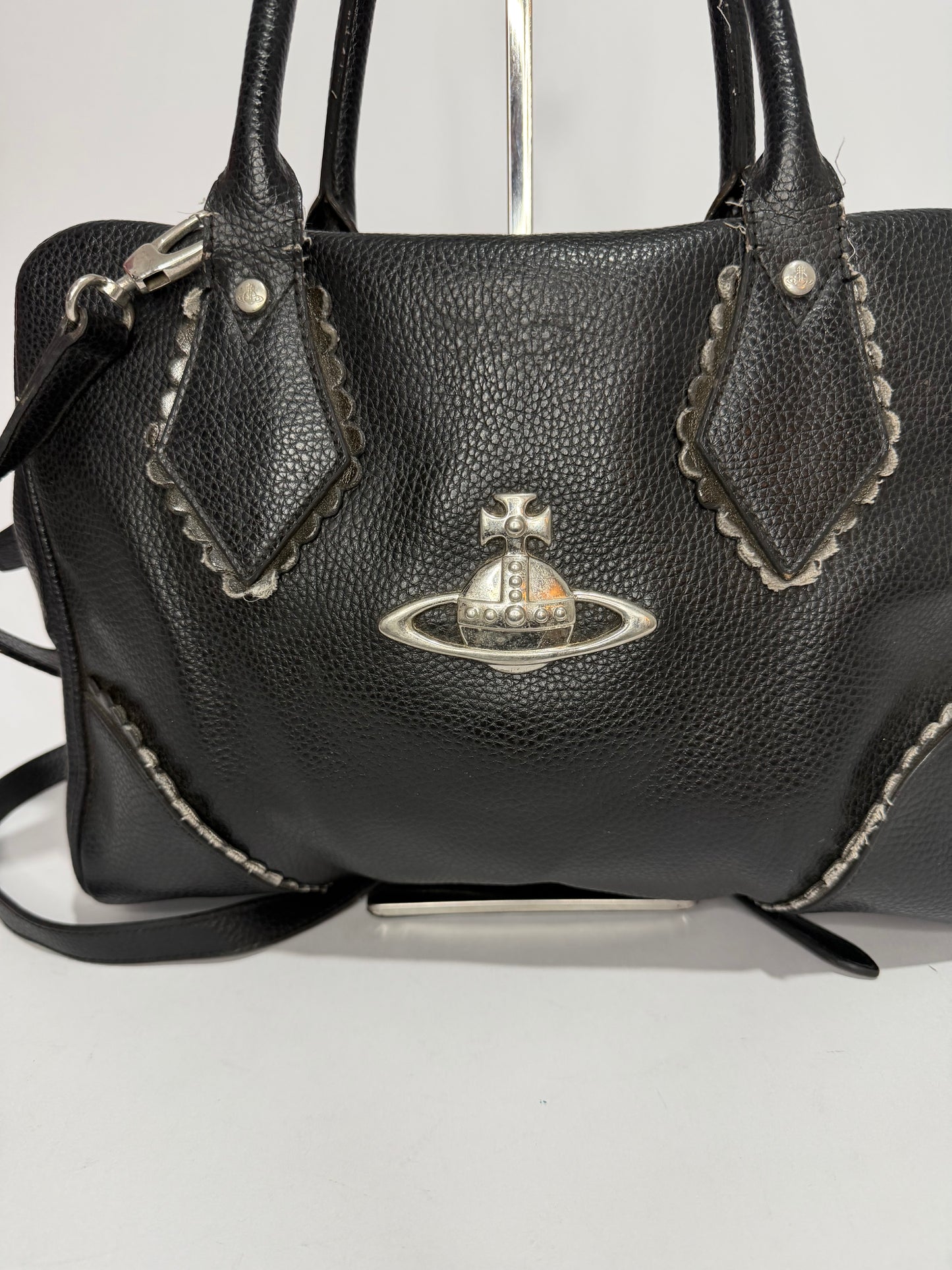 Vivienne Westwood Black Pebbled Leather Orb Logo Handbag with Shoulder Strap