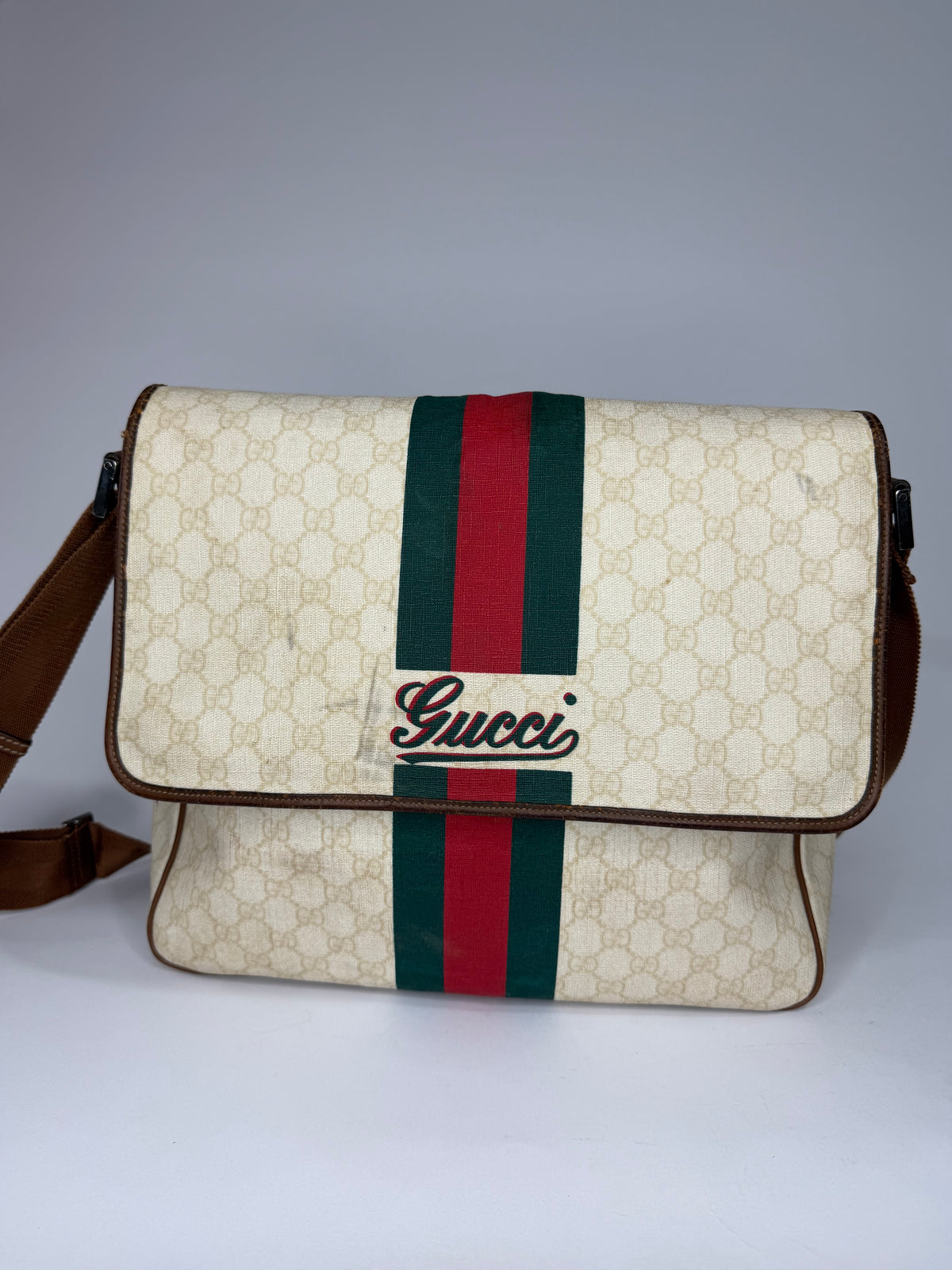 Gucci Vintage GG Supreme Beige Monogram Web Stripe Messenger Shoulder Bag