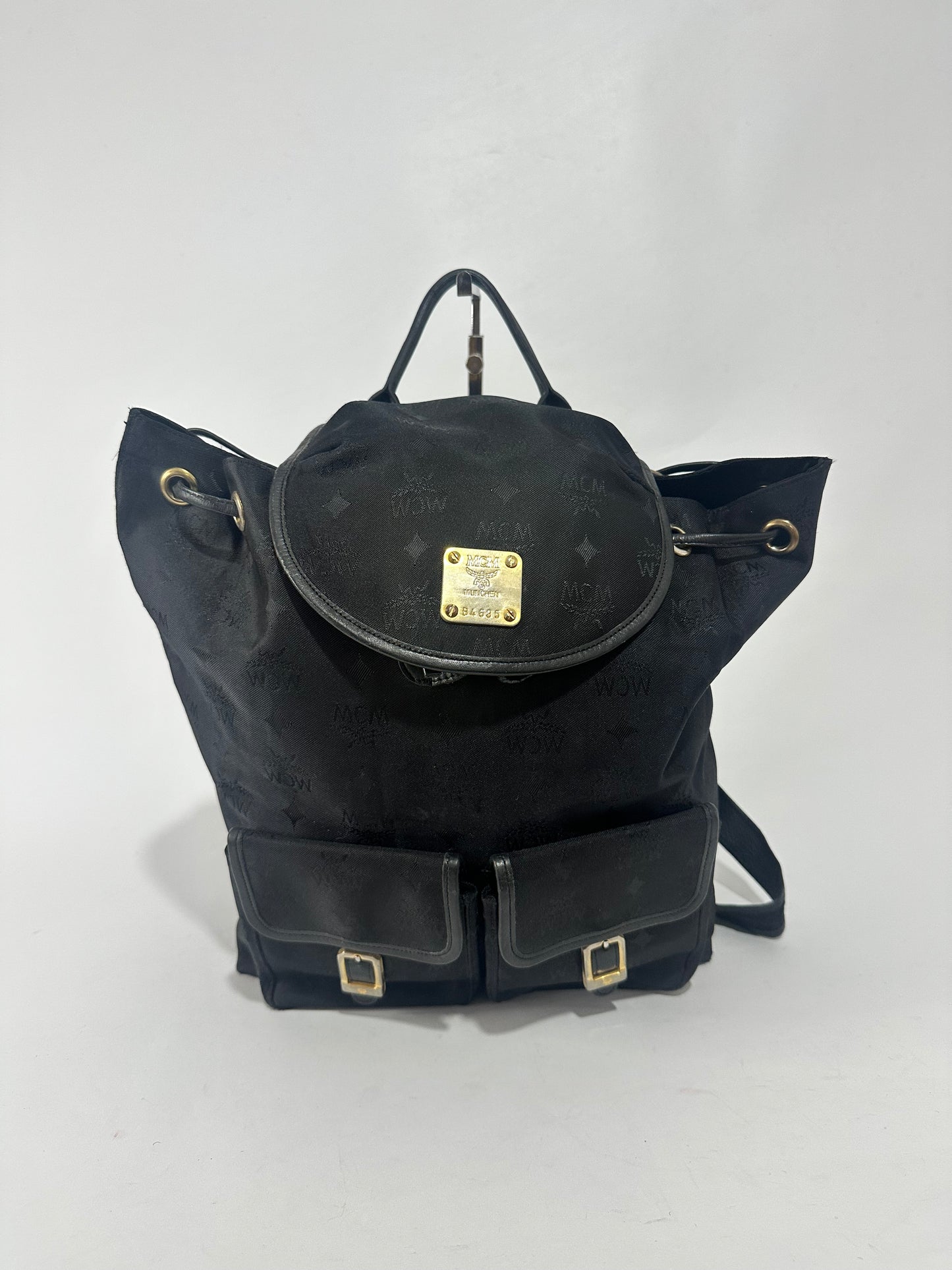 MCM Black Nylon and Leather Drawstring Backpack