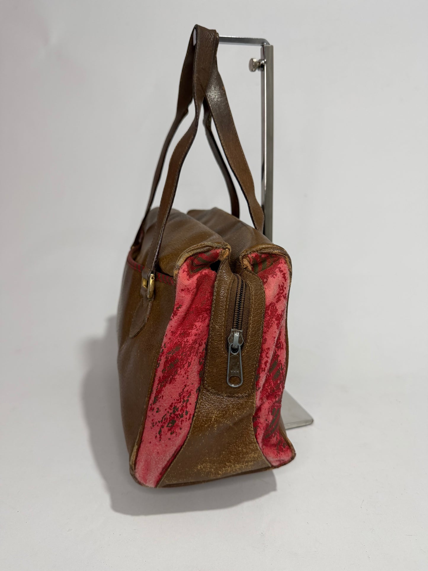 Vintage Gucci Brown Leather & Pink Textile Shoulder Bag