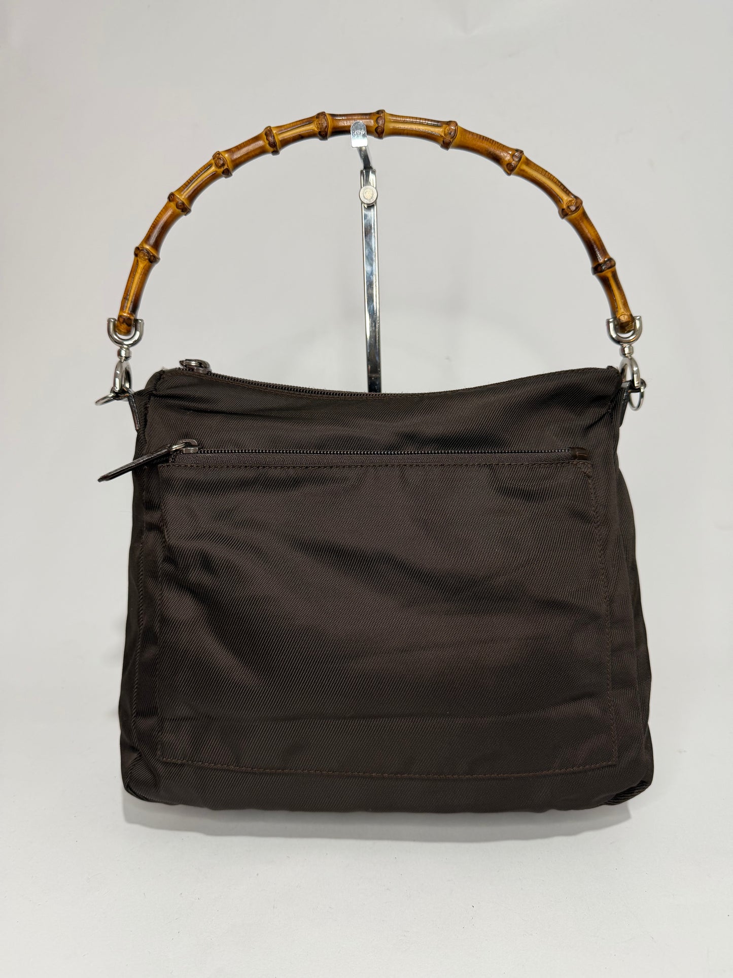 Gucci Brown Nylon and Leather Bamboo Shoulder Bag