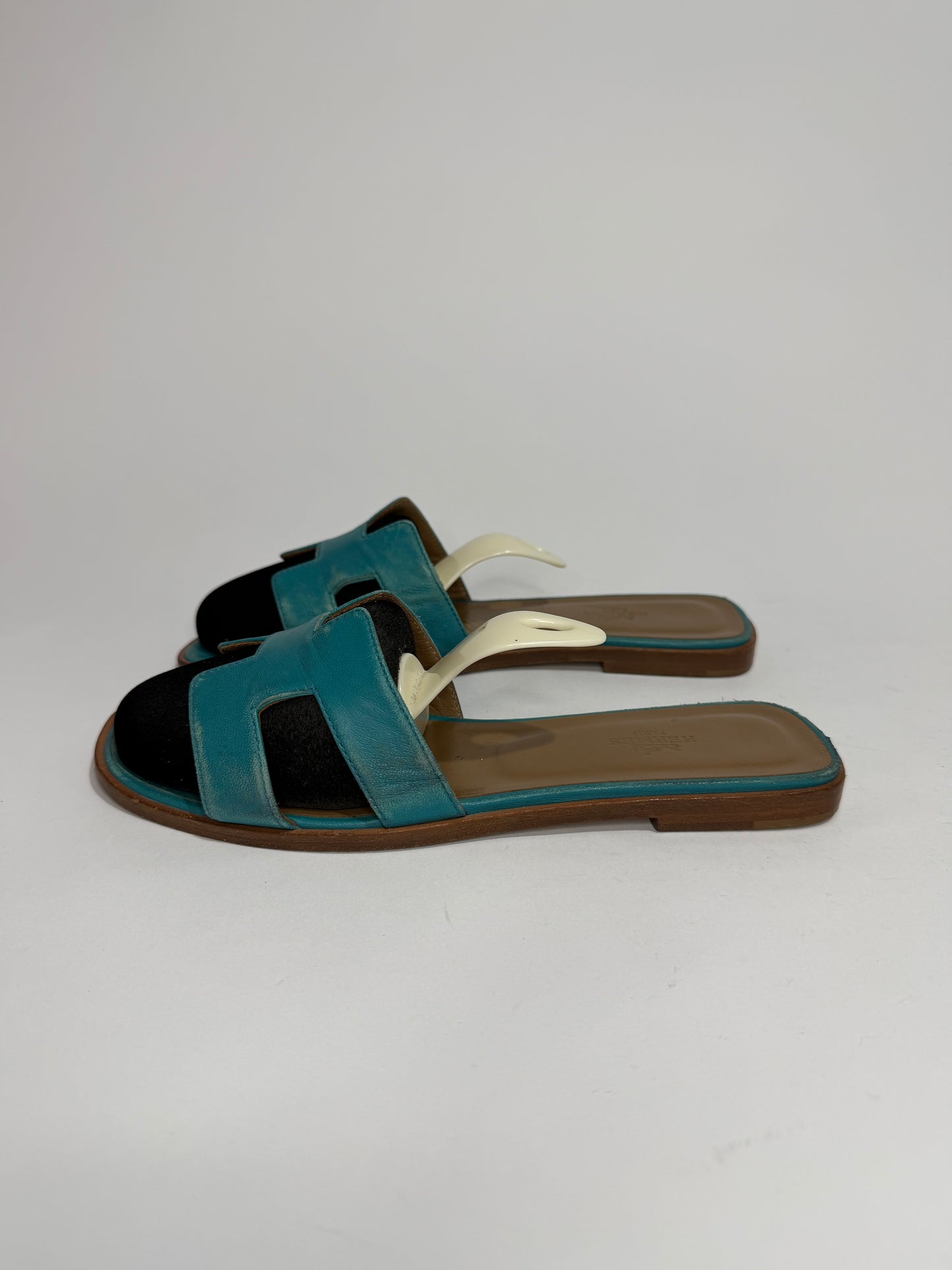 Hermès Oran H Cutout Slide Sandals Turquoise & Brown Leather Size 38.5 EU