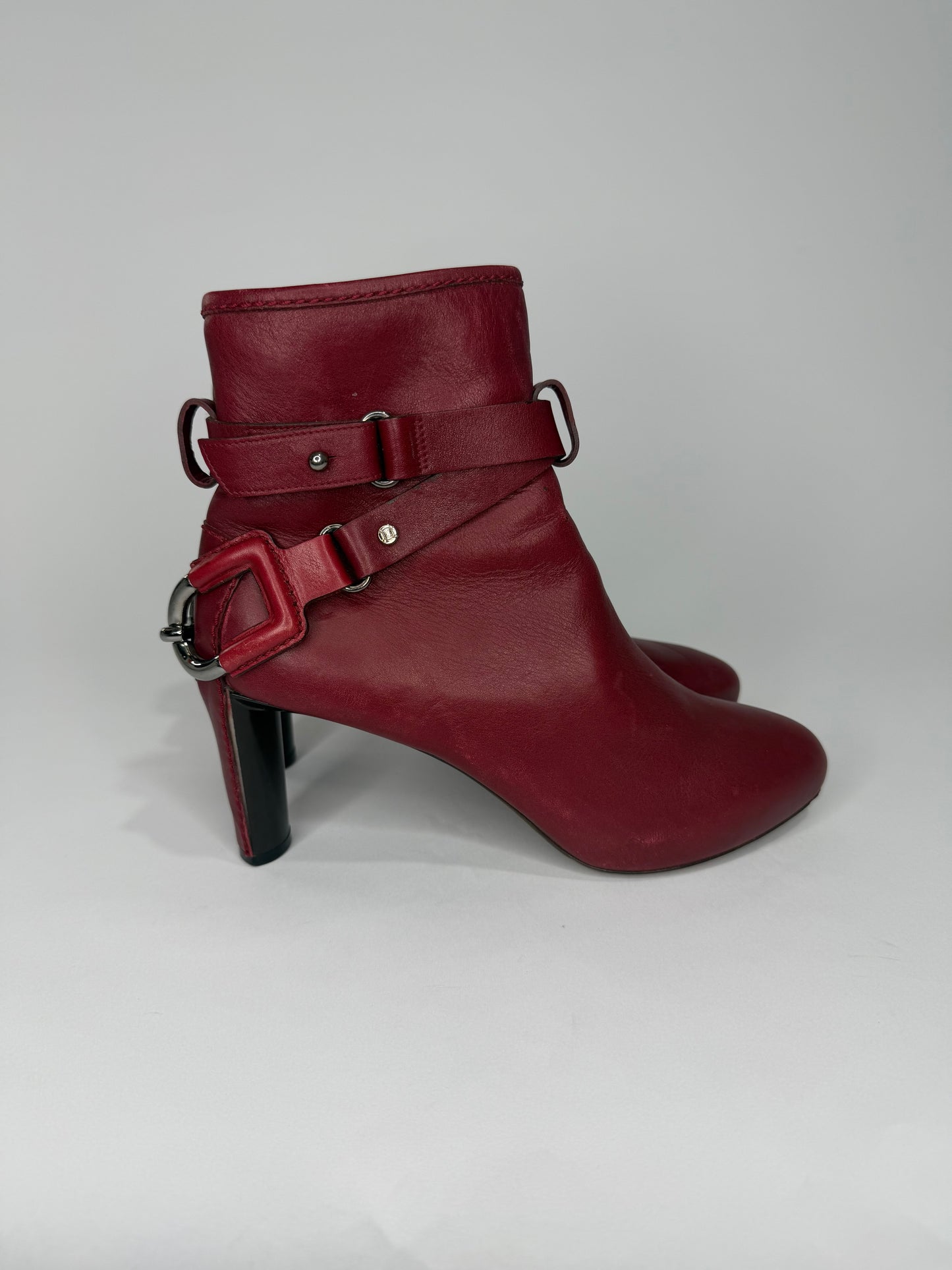 Celine Burgundy Leather Buckle Ankle Boots  Silver Hardware Size 38 EU/ 8 US / 5 UK