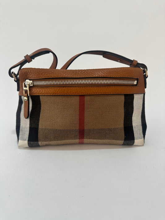 BURBERRY 
Mega Check Small Farley Crossbody Clutch Bag Saddle Brown