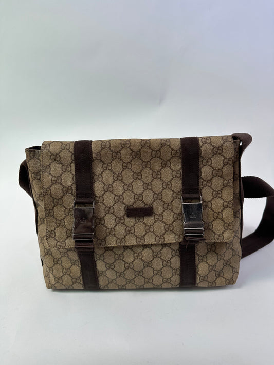 Gucci Beige/Brown GG Supreme Canvas Double Buckle Flap Messenger Bag