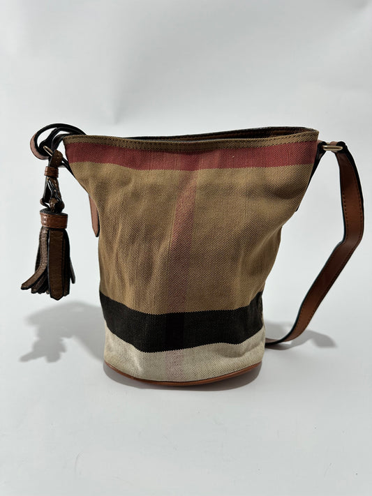 BURBERRY Canvas Mega Check Mini Ashby Tassel Crossbody Brown