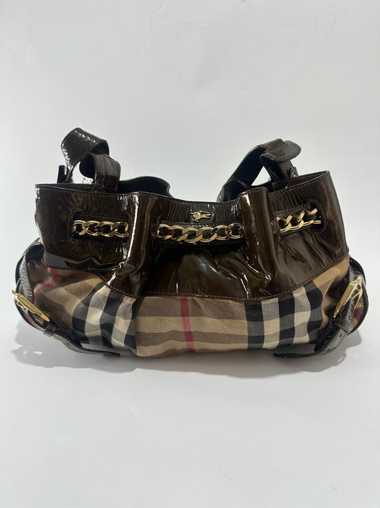 Burberry Dark Olive/Beige House Check Canvas and Patent Leather Chain Around Hobo