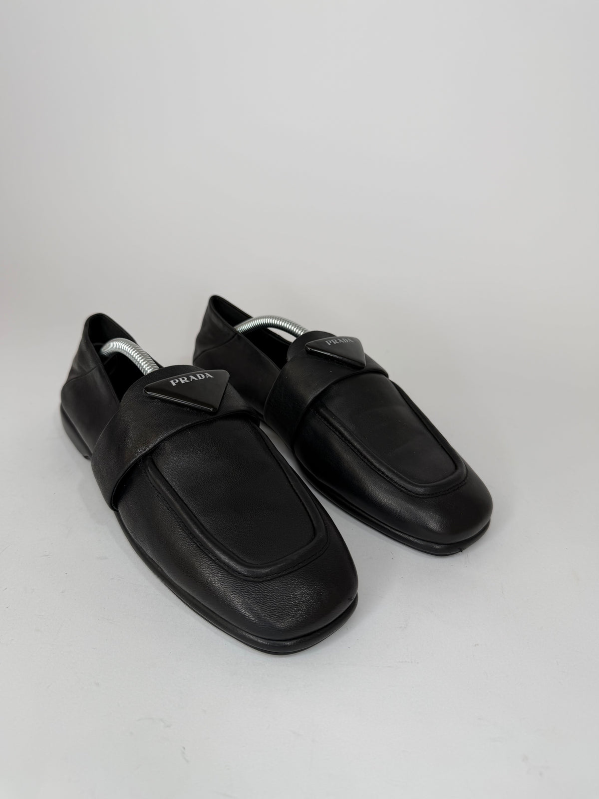 Prada Black Leather Triangle Logo Strap Loafers Made in Italy EU 37/ 7 US