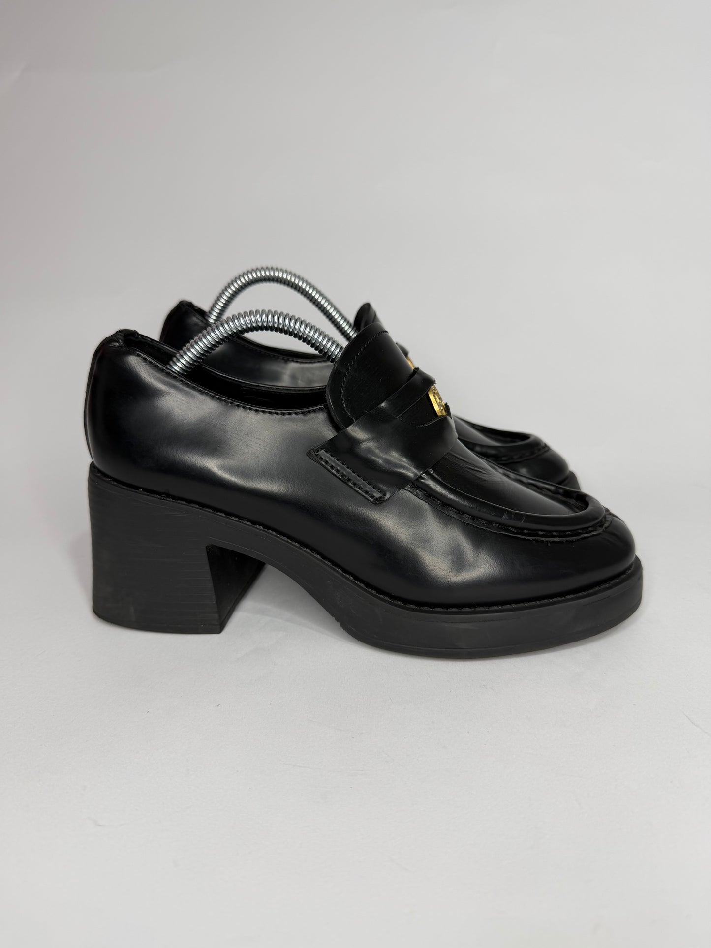 Miu Miu Black Leather Gold Penny Heel Loafers Size 36 EU/ 6 US / 3 UK