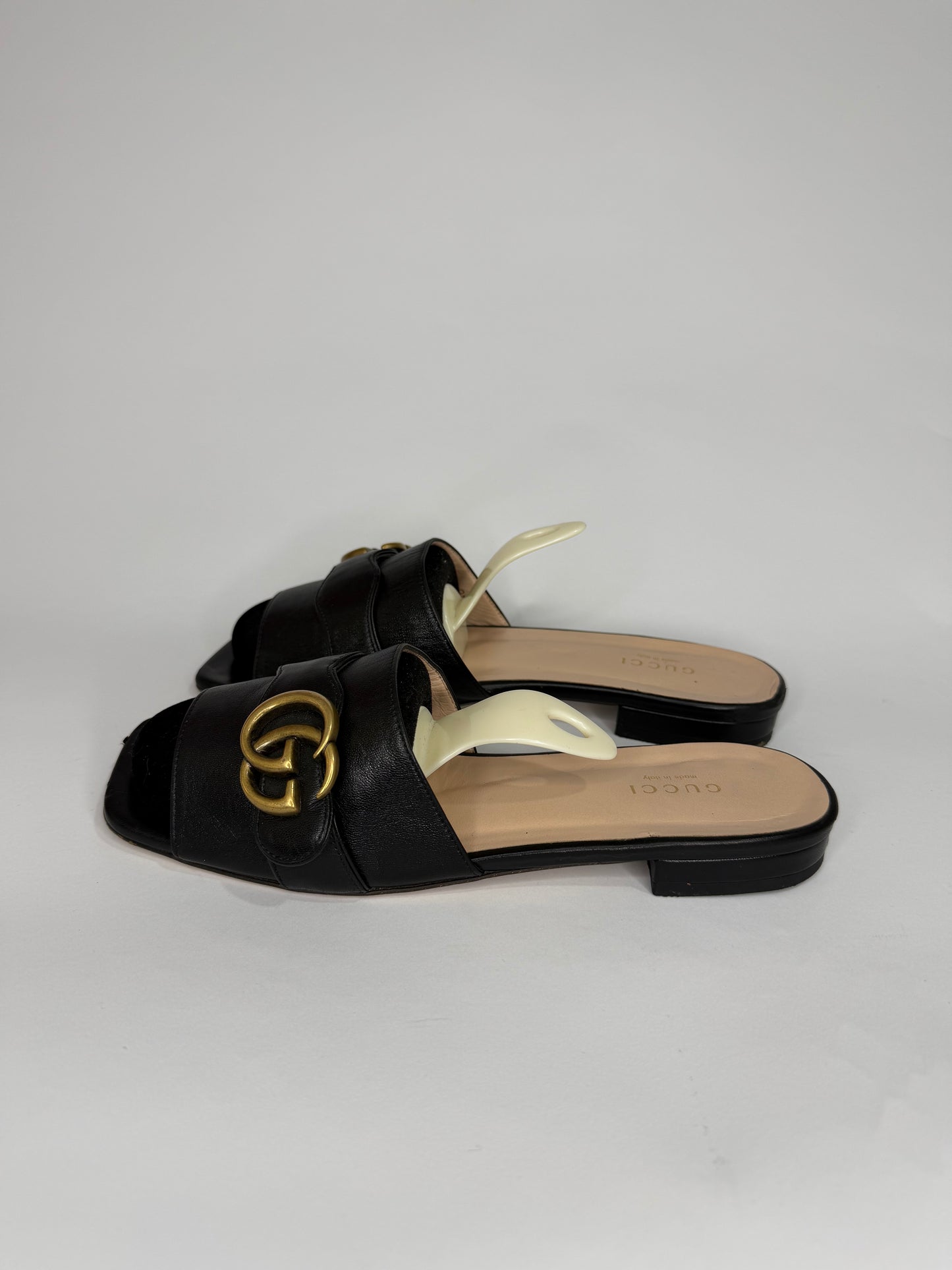 Gucci Black Leather GG Malaga Kid Flat Mules Size 37.5 EU/ 7.5 US