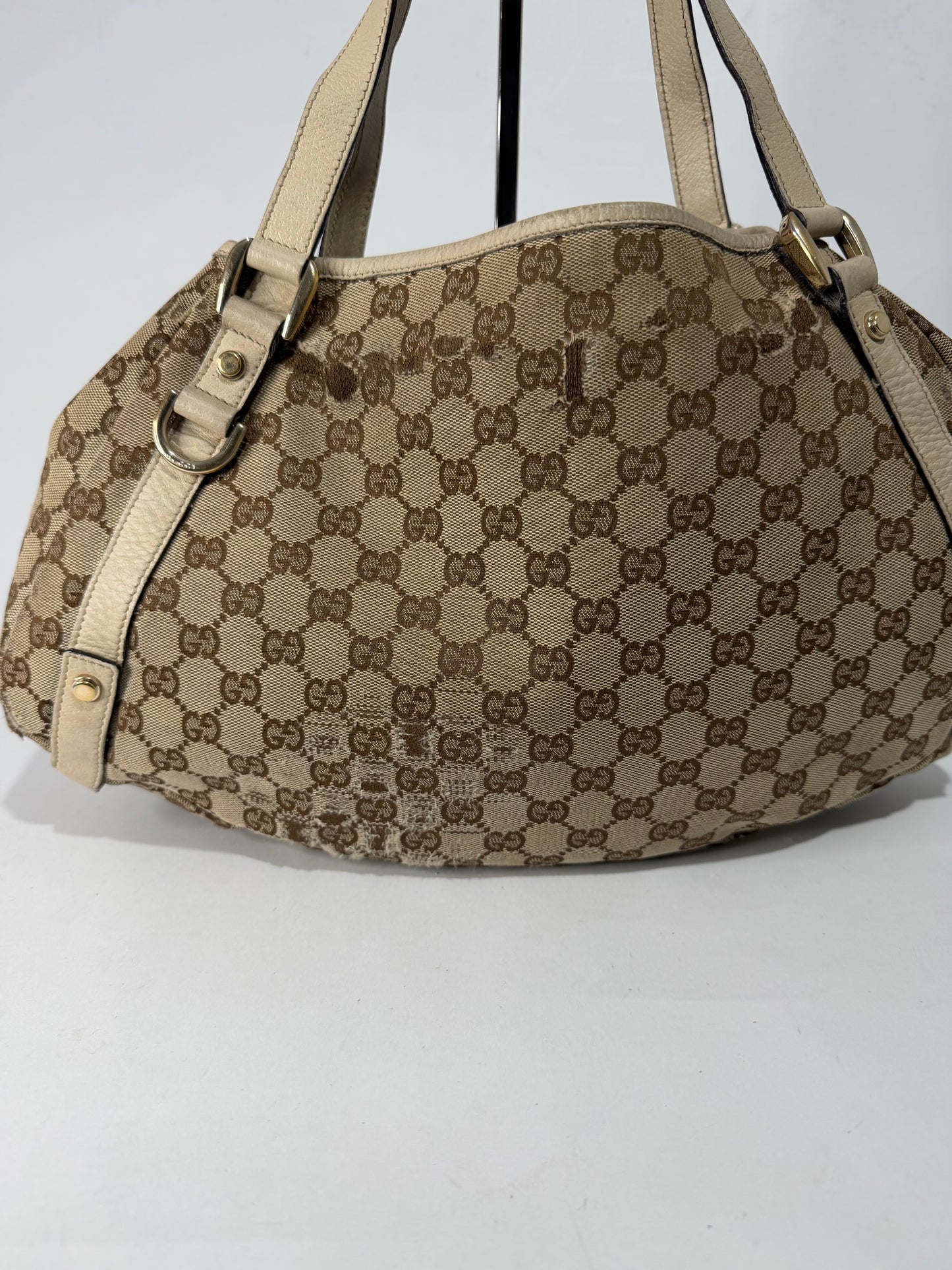 Gucci Beige/White Blue GG Canvas and Leather Abbey Tote