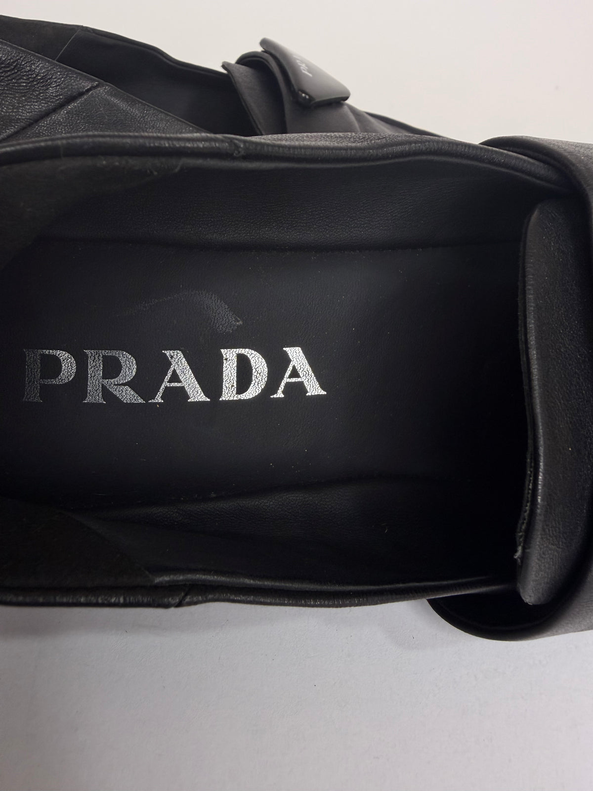 Prada Black Leather Triangle Logo Strap Loafers Made in Italy EU 37/ 7 US