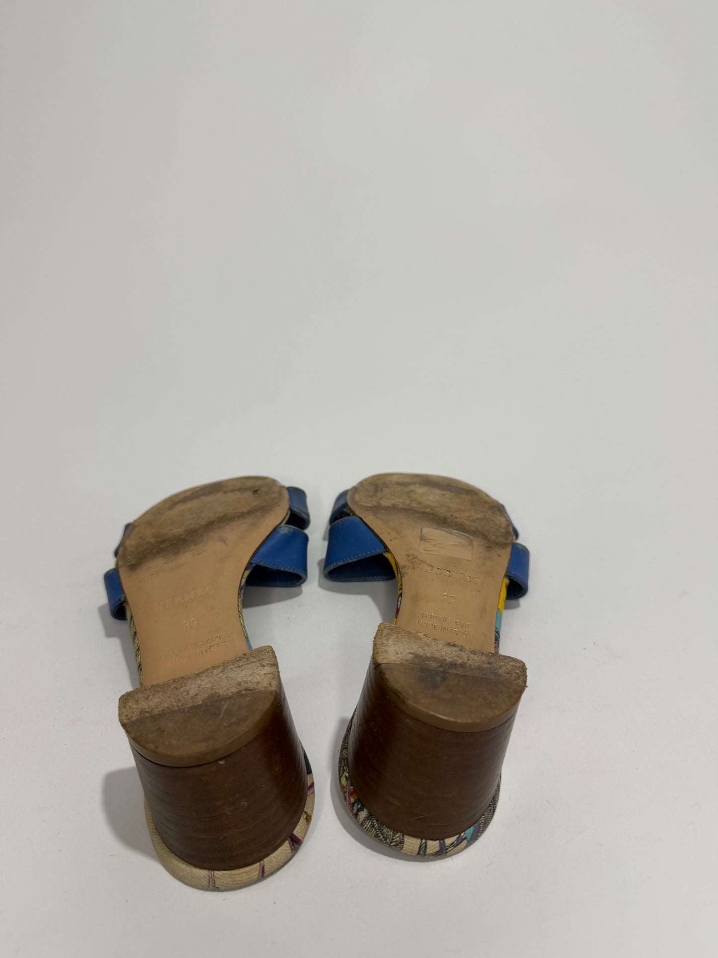Hermès Oran H Cut-Out Heeled Sandals Blue Leather / Printed Canvas Size 39 EU/ 9 US/ 6 Uk