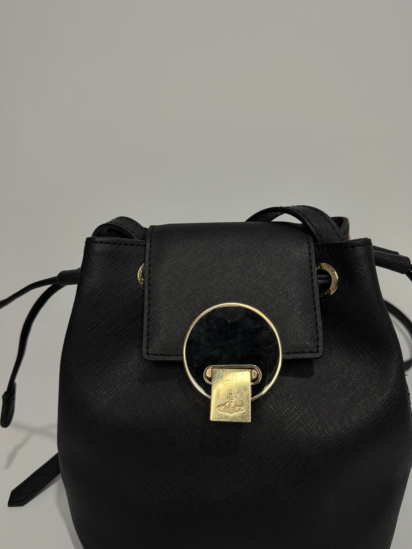 Vivienne Westwood Black Saffiano Leather Drawstring Crossbody Bag with Orb Lock
