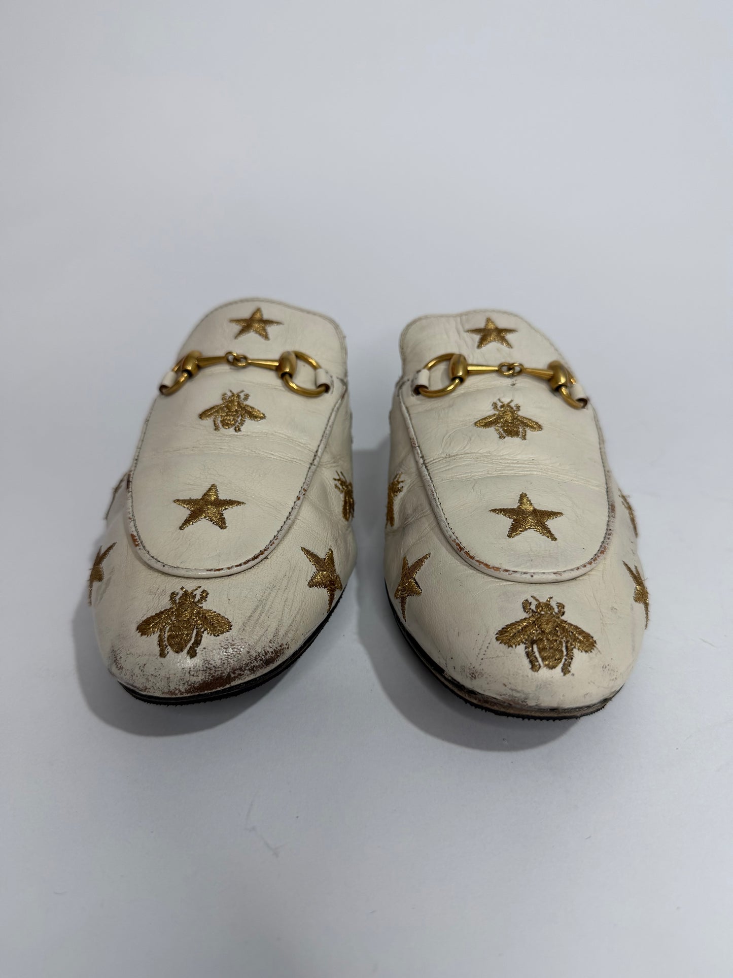 Gucci Cream Leather Bee and Star Embroidered Princetown Flat Mules Size 37.5 EU/ 7.5 US/