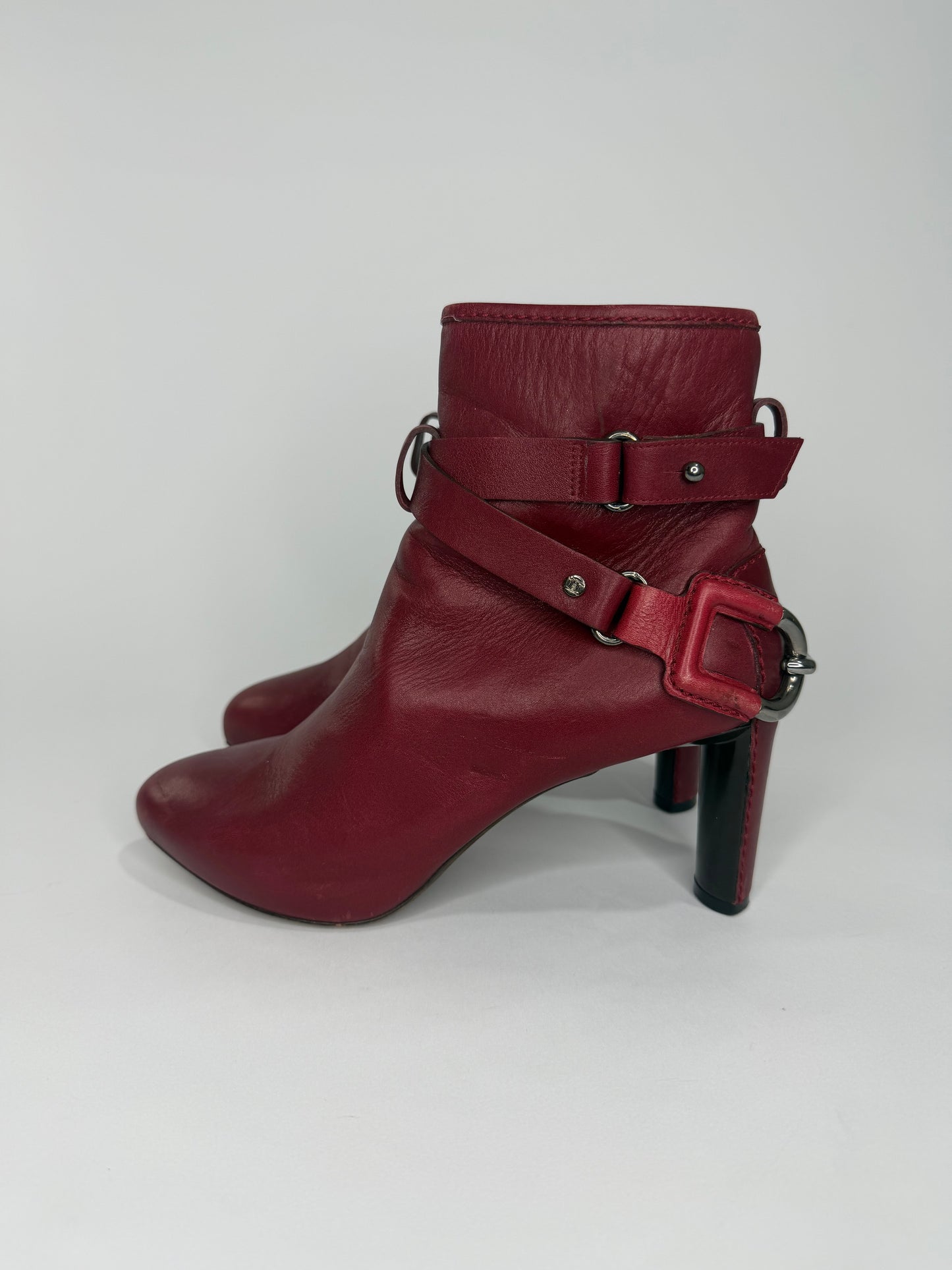 Celine Burgundy Leather Buckle Ankle Boots  Silver Hardware Size 38 EU/ 8 US / 5 UK