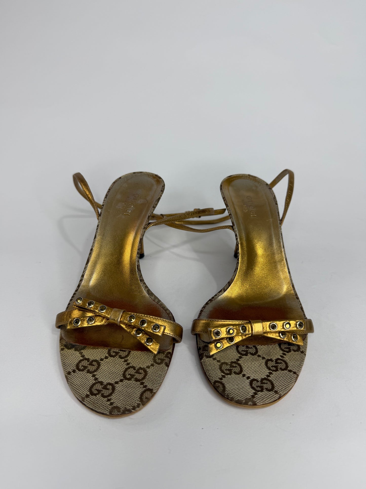 Gucci GG Canvas Gold Bow Ankle Strap Kitten Heel Sandals Women’s Size 36C