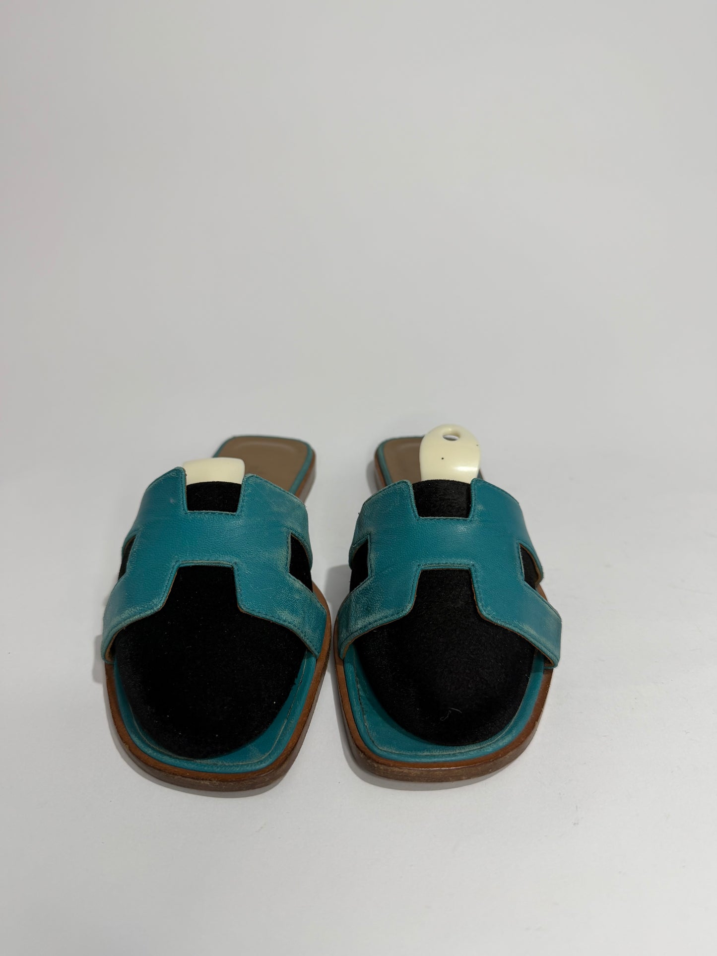 Hermès Oran H Cutout Slide Sandals Turquoise & Brown Leather Size 38.5 EU