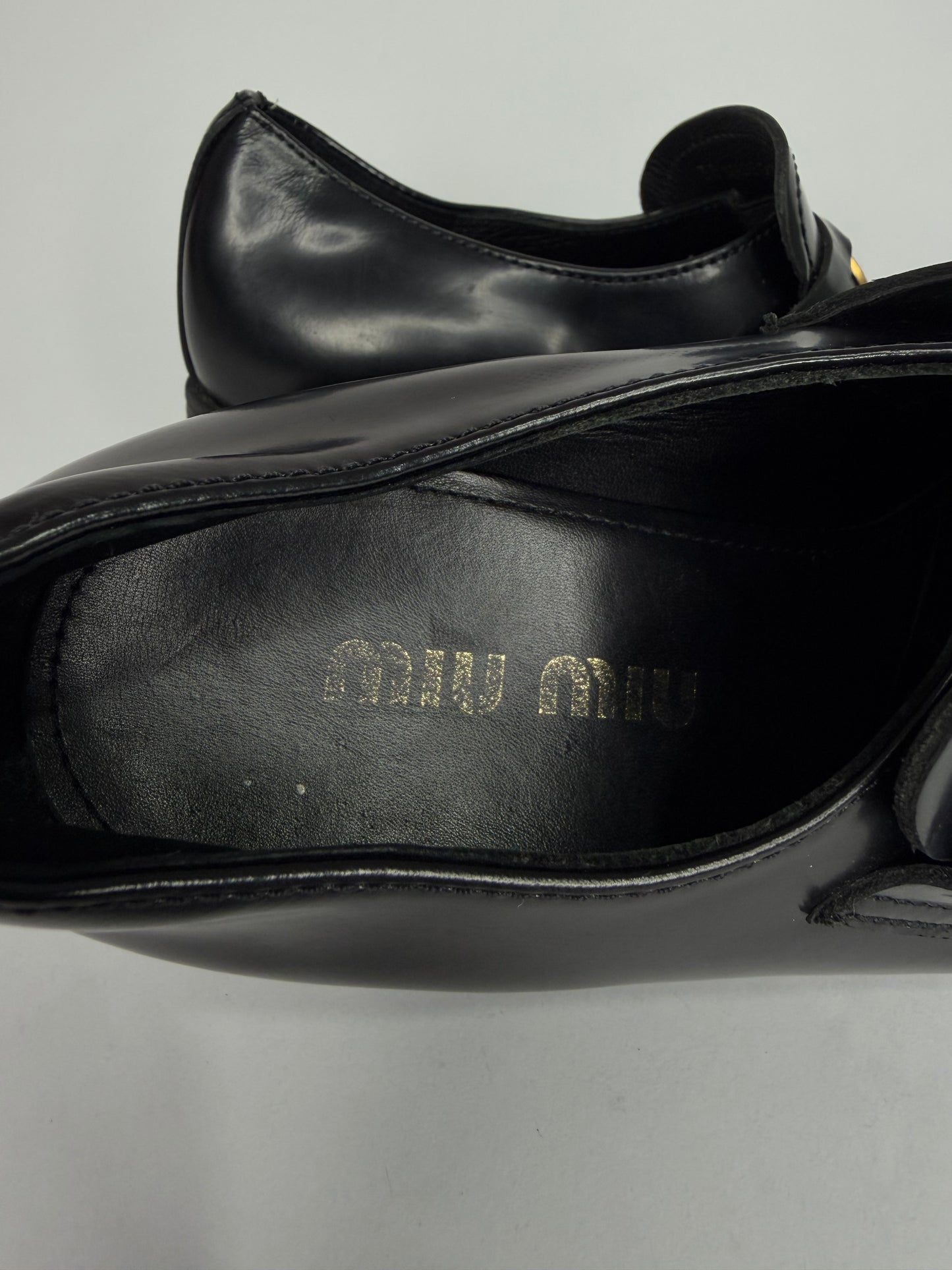 Miu Miu Black Leather Gold Penny Heel Loafers Size 36 EU/ 6 US / 3 UK