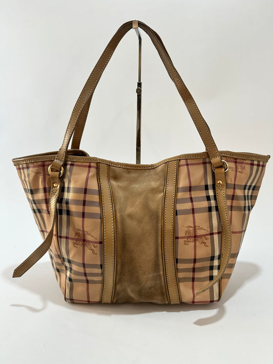Burberry Beige Haymarket Coated Canvas and Suede Canterbury Tote