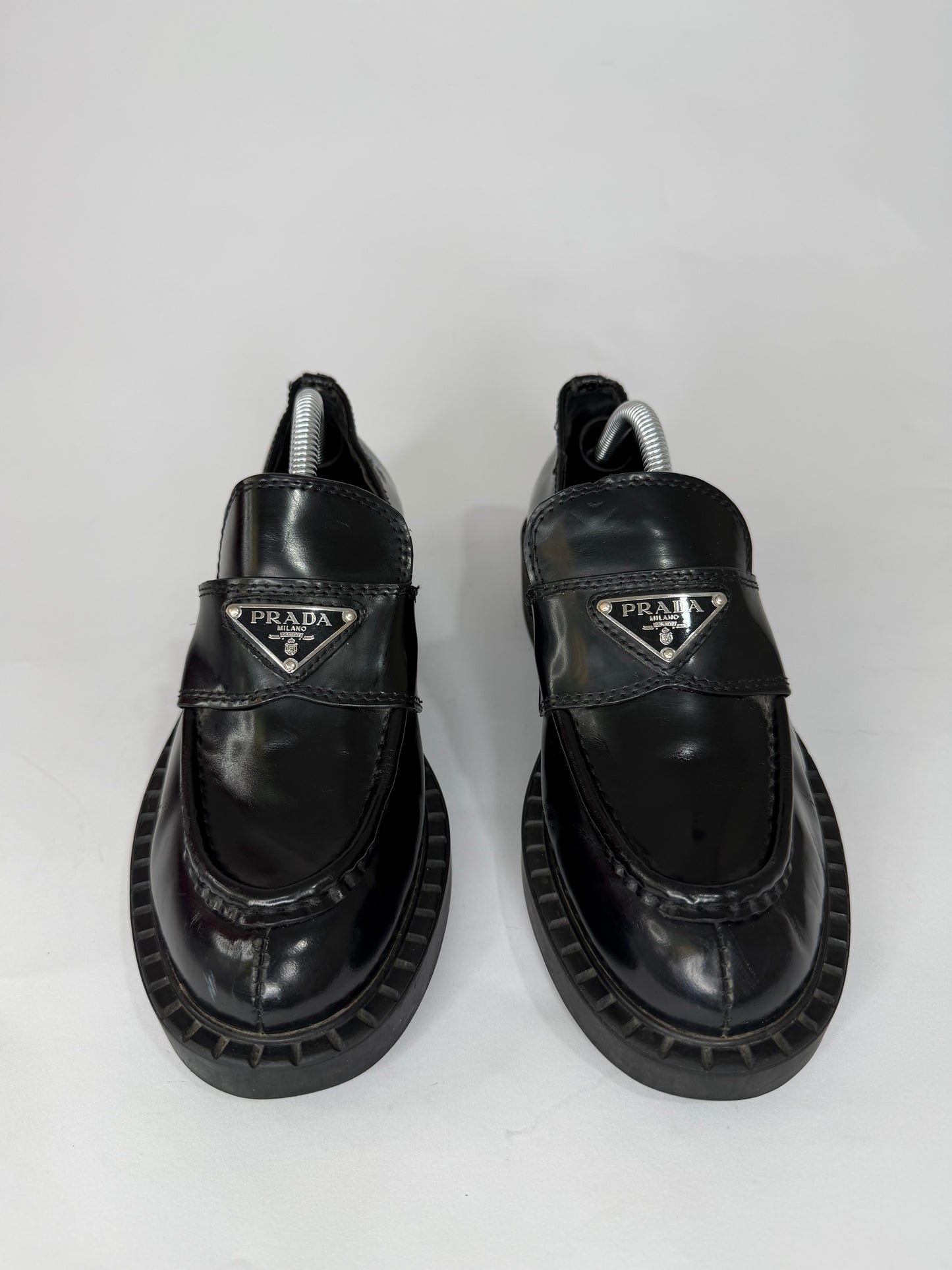 PRADA Vernice Metal Triangle Logo 50mm Loafers Size 36 EU/6 US/ 3UK