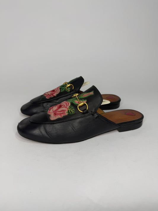 Gucci Black Leather Rose Embroidered Princetown Horsebit Flat Mules Size 39 EU/ 9 US / 6 UK