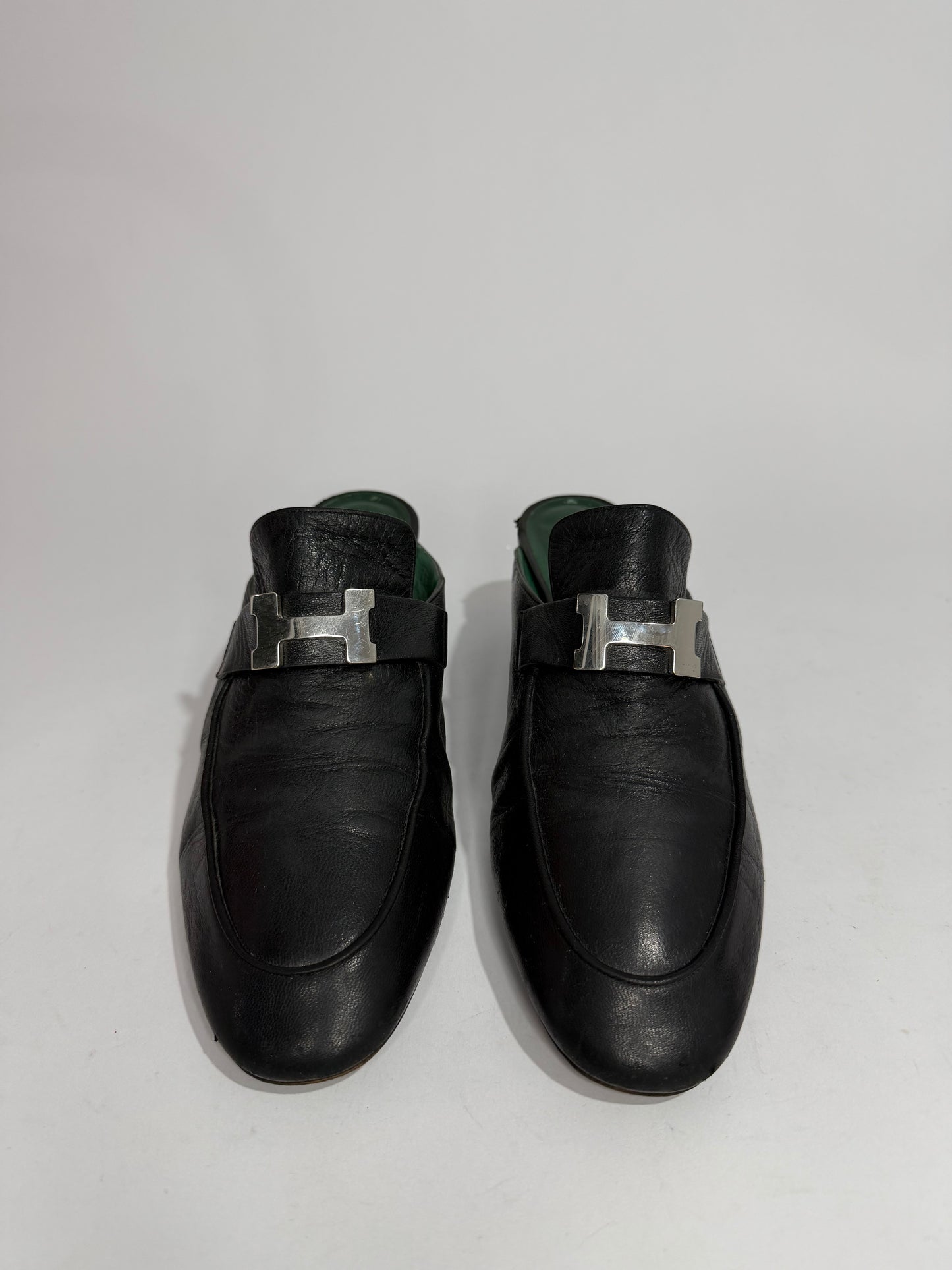 Hermes Black Leather Paradis Block Heel Mule Sandals Size 40