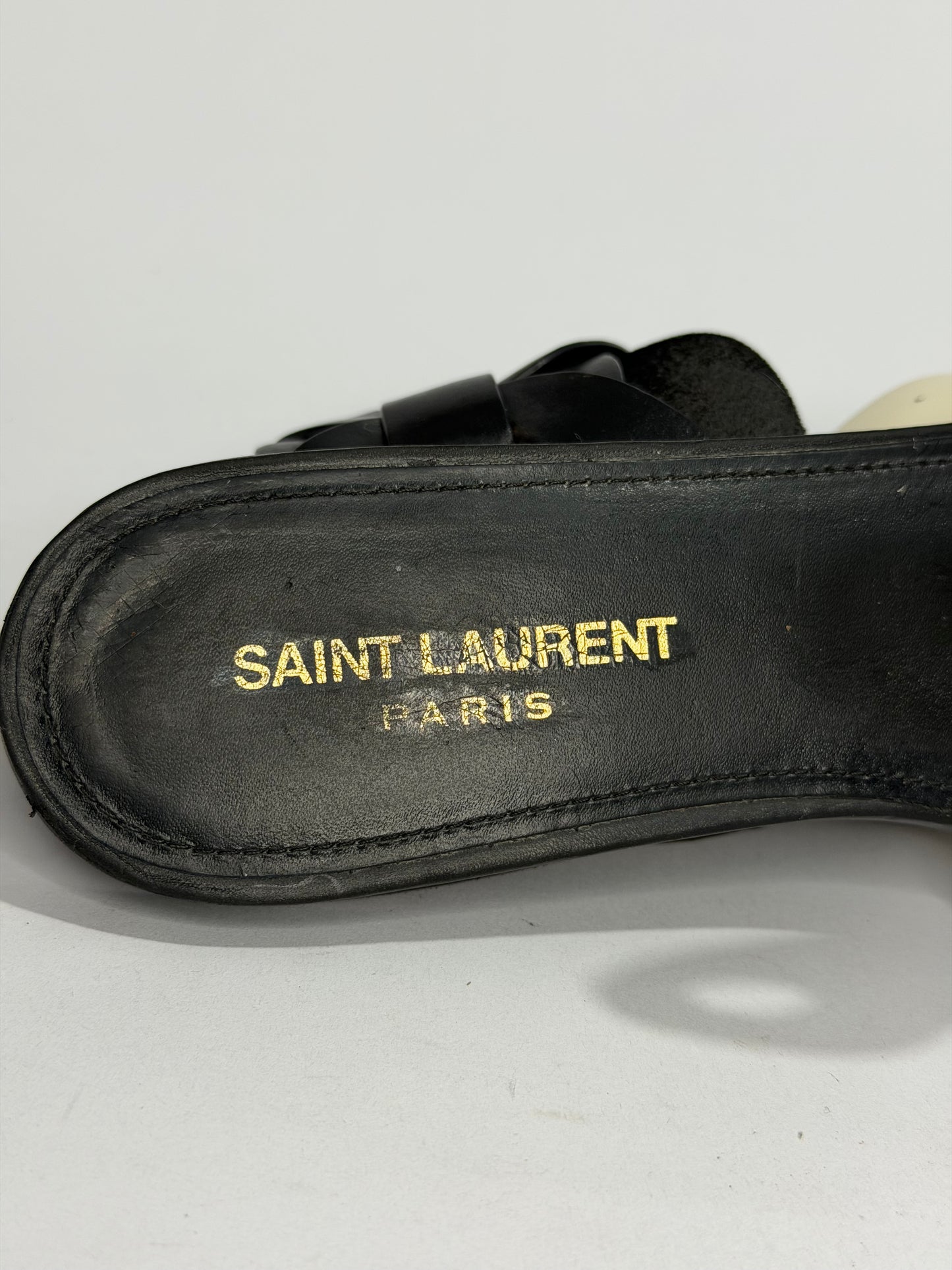 Saint Laurent Paris Black Patent Leather Tribute Flat Sandals Size