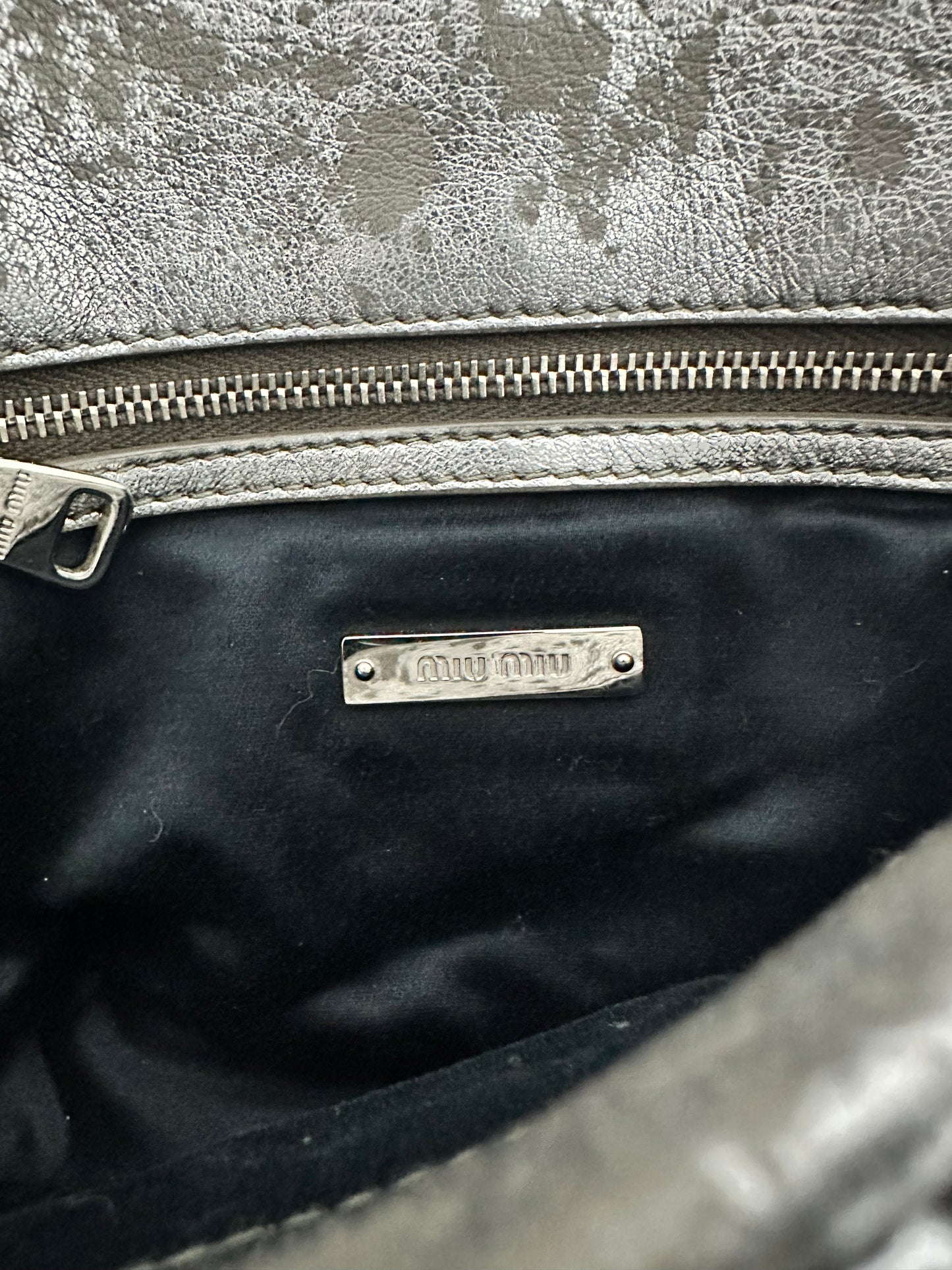 Miu Miu Silver Matelasse Leather Crystal Flap Shoulder Bag