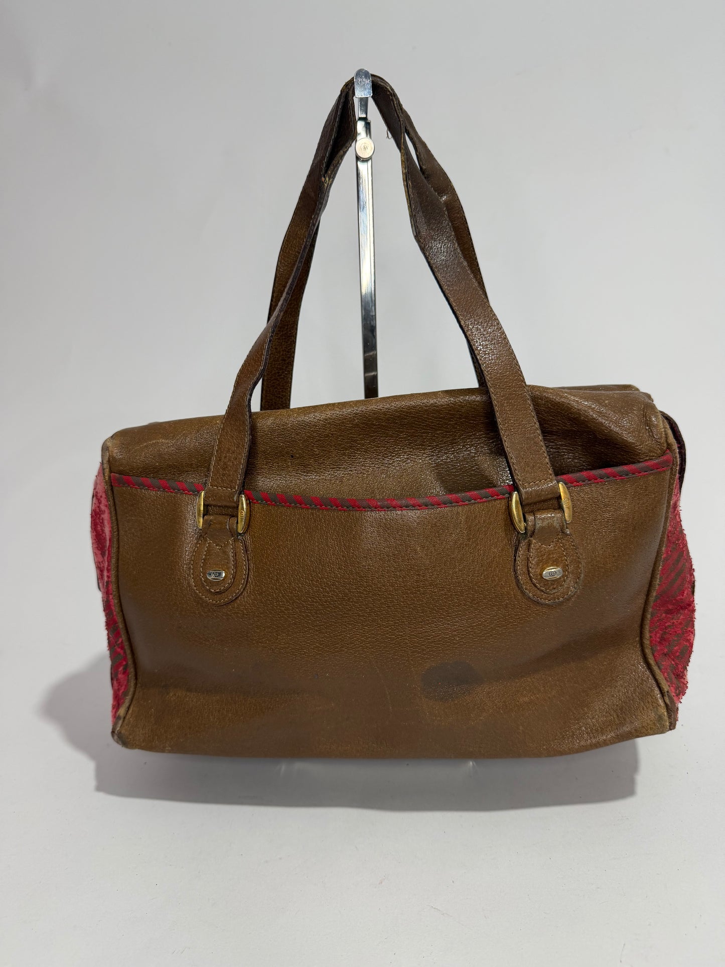 Vintage Gucci Brown Leather & Pink Textile Shoulder Bag