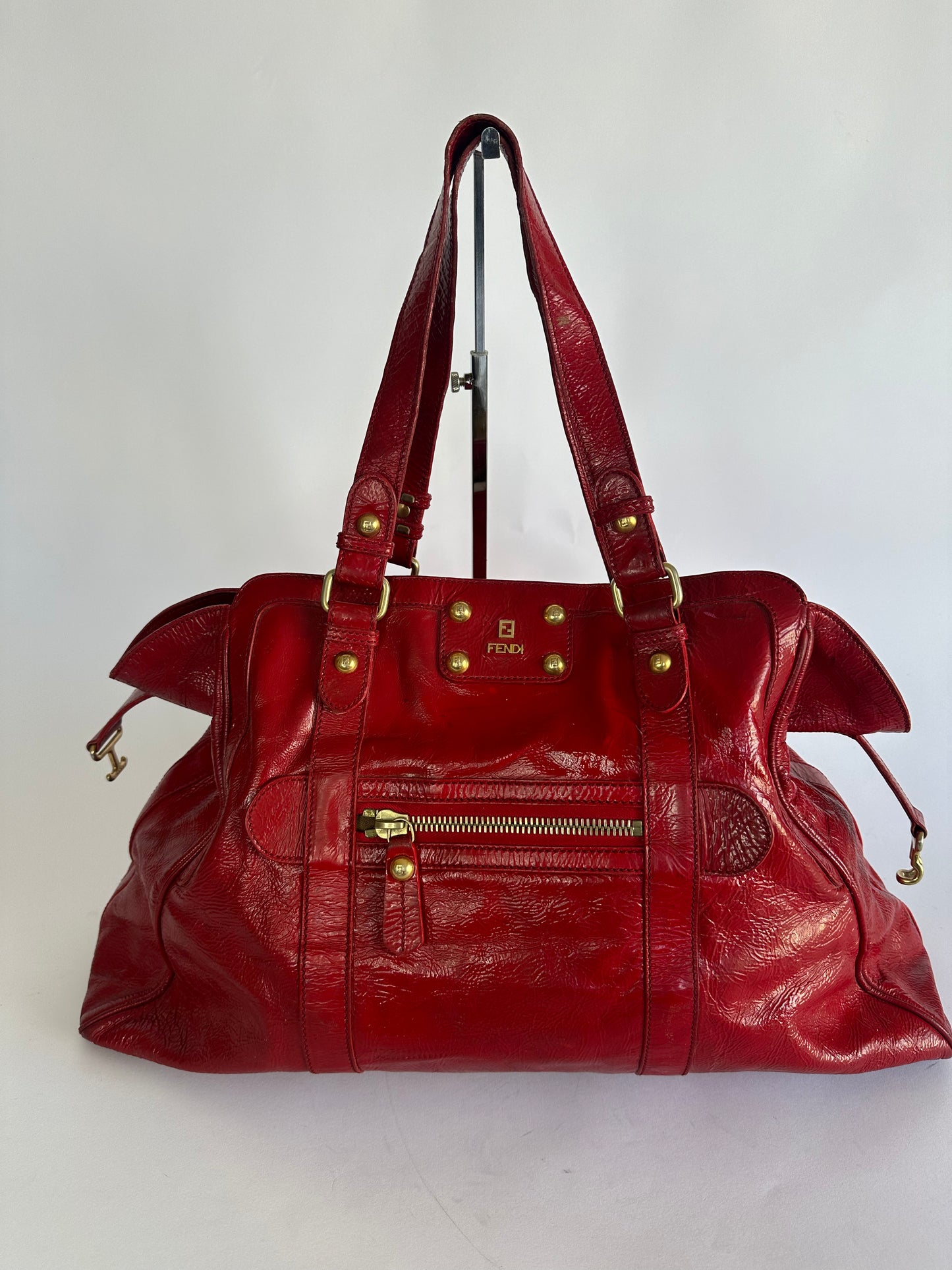 FENDI Red Wrinkled Patent Leather De Jour Bag