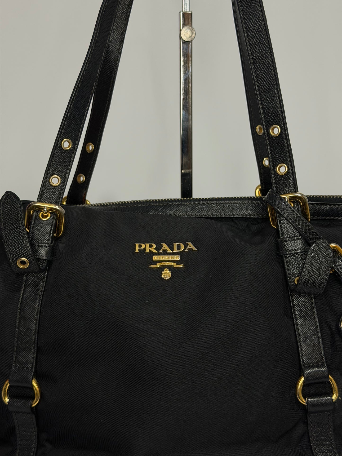 Prada Black Saffiano Leather trimmed Nylon Tessuto Tote Bag