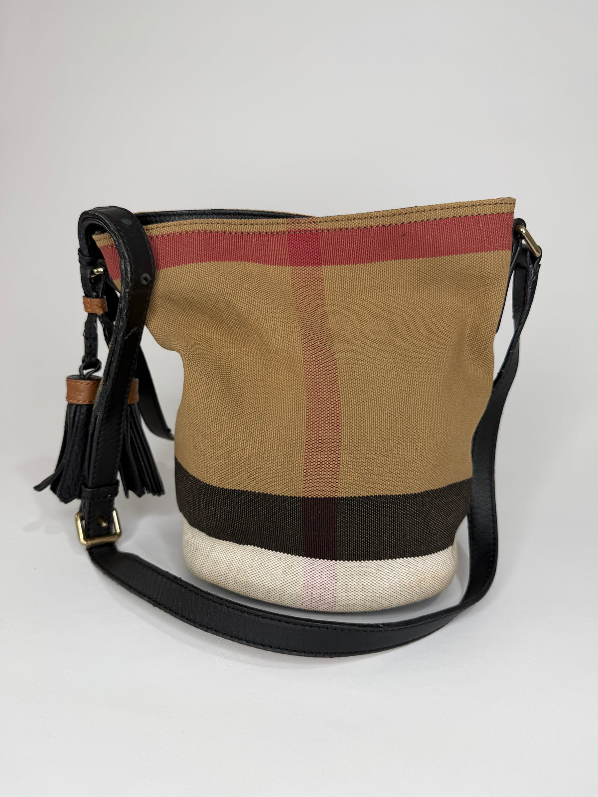 BURBERRY Canvas Mega Check Mini Ashby Tassel Crossbody Brown