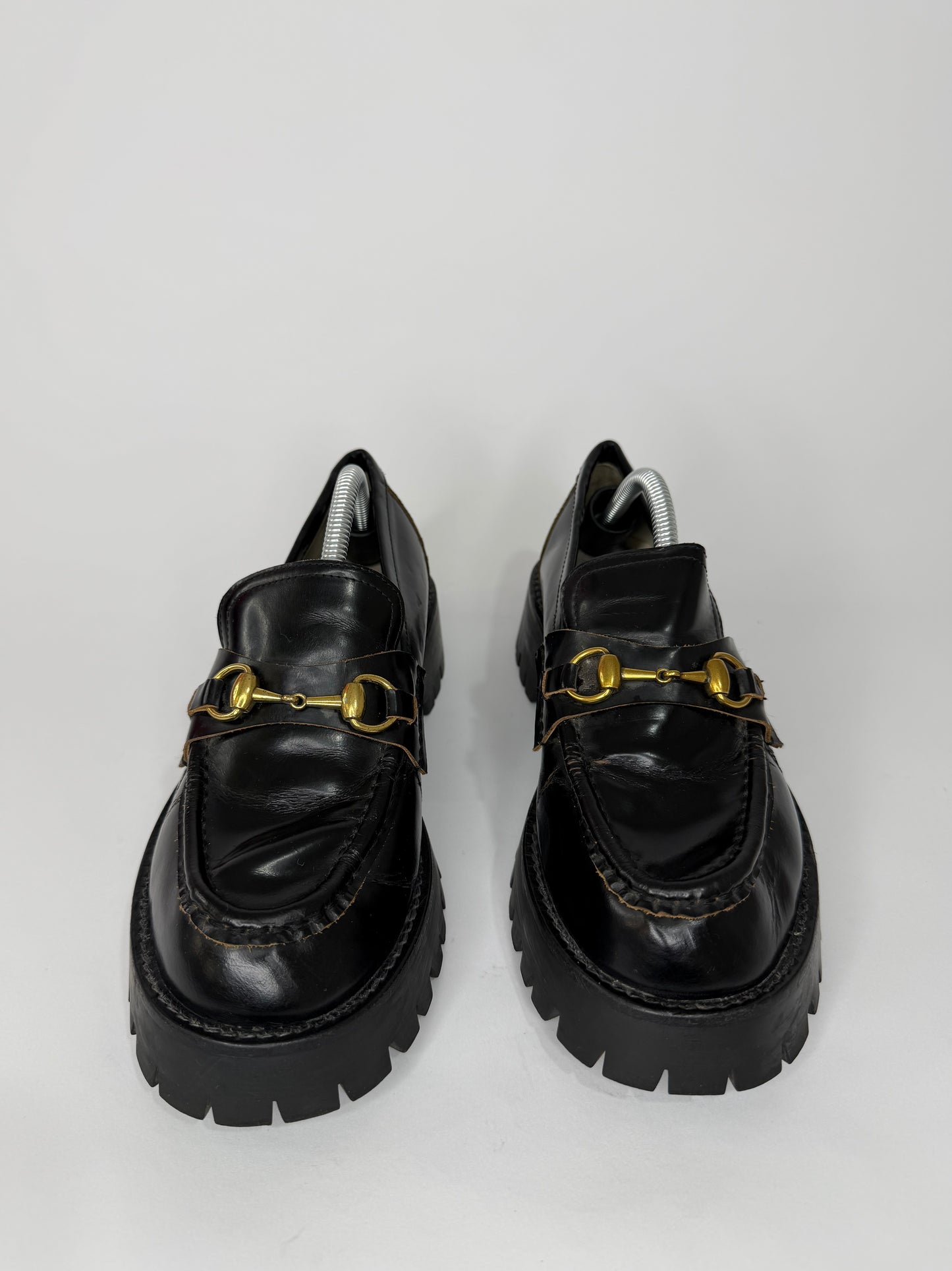 GUCCI
Cordovan Lux Womens Harald Horsebit 25mm Platform Loafers 40 Black