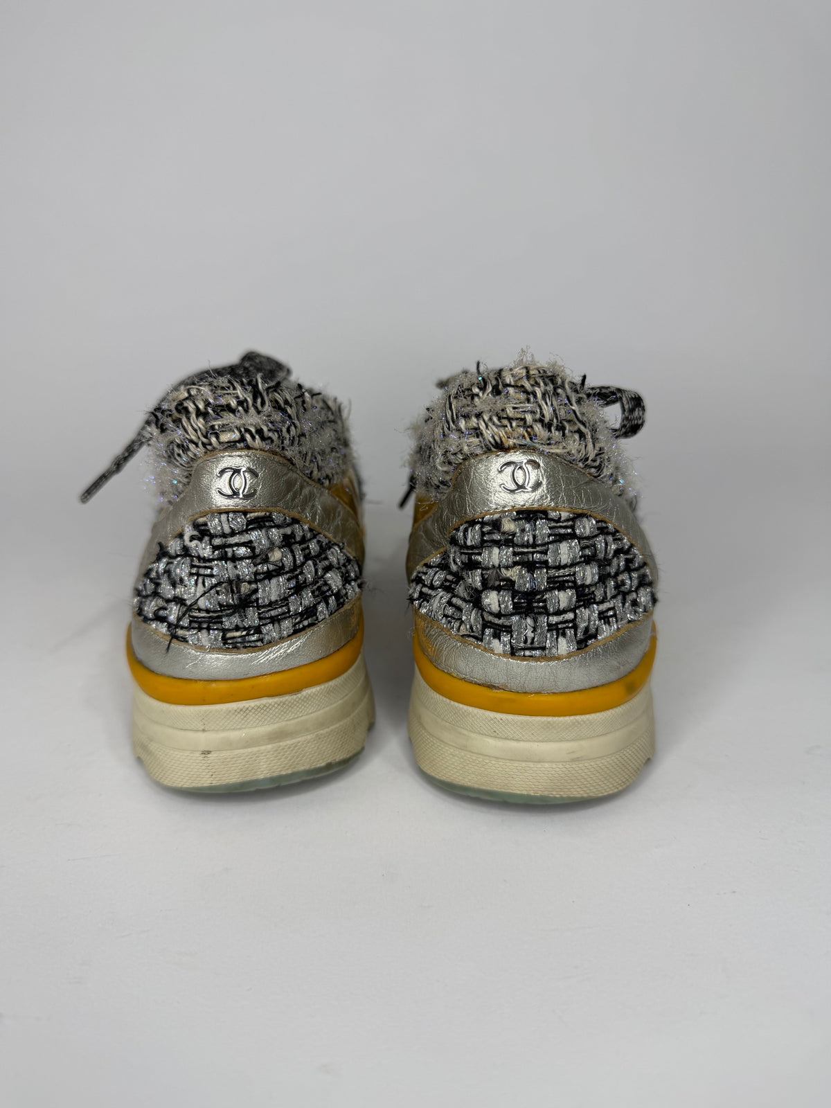 Chanel Monochrome Tweed and Metallic Leather Sneakers Size 39 EU/ 9 US / 6 UK