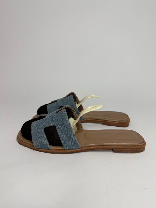 Hermès Oran Denim H Slide Sandals Blue Canvas Leather Flat Slides Size 36 EU/ 6 US/ 3 UK