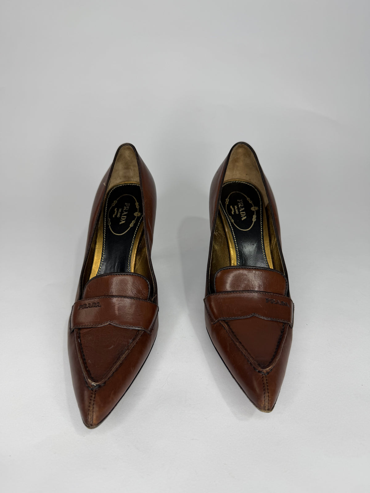 Prada Brown Leather Pointed-Toe Loafers Pumps 36.5 EU