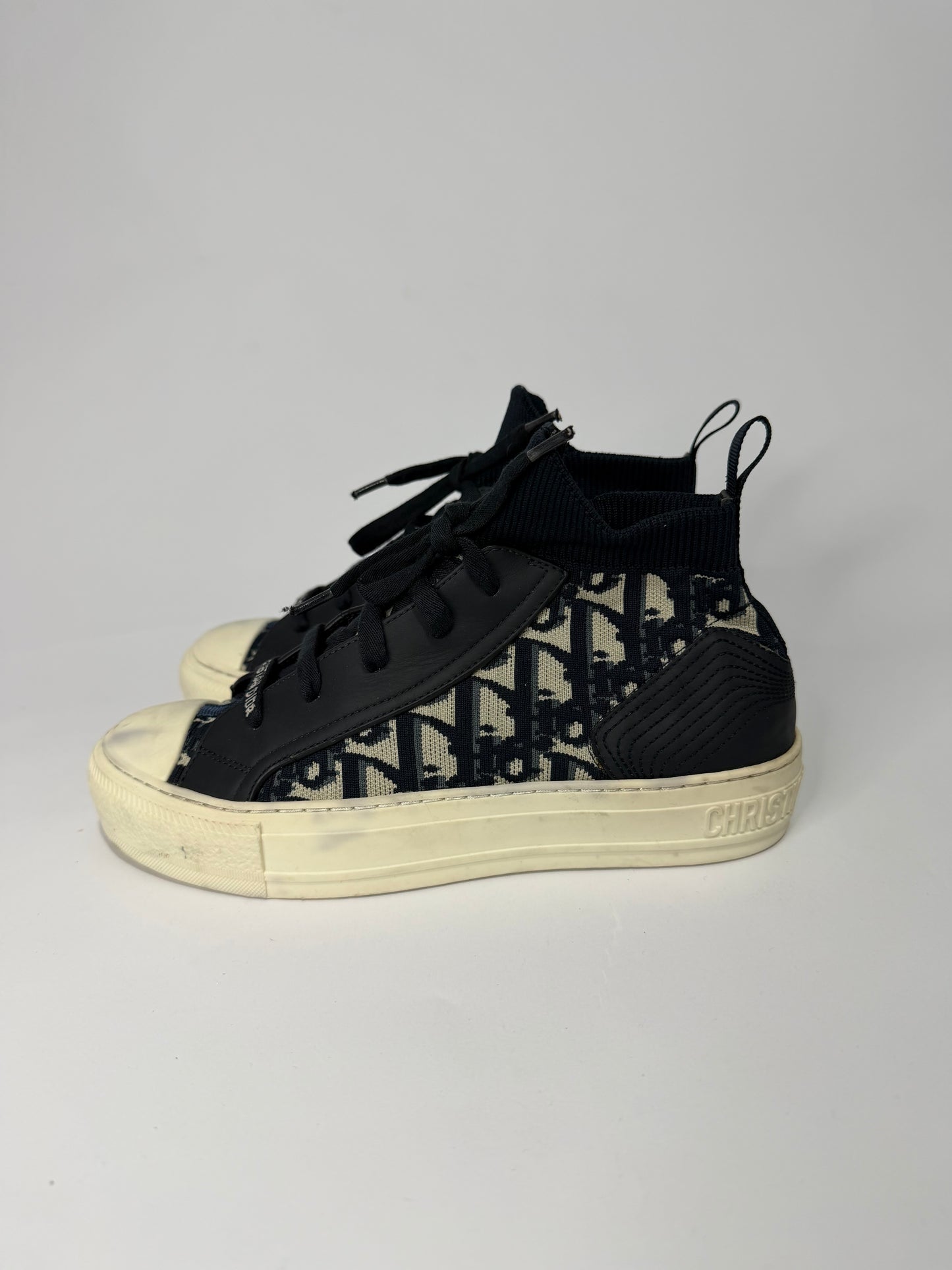 Dior Navy Blue Leather and Knit Fabric Walk n Dior High Top Sneakers Size