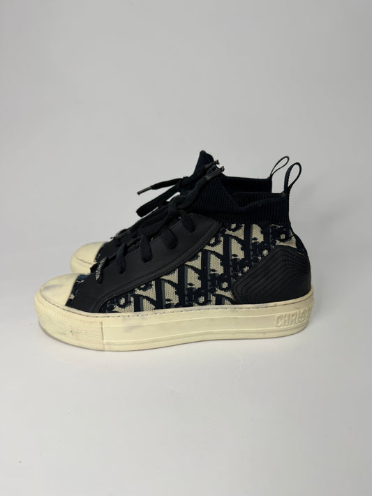 Dior Navy Blue Leather and Knit Fabric Walk n Dior High Top Sneakers Size 36 EU/ 6 US/ 3 UK