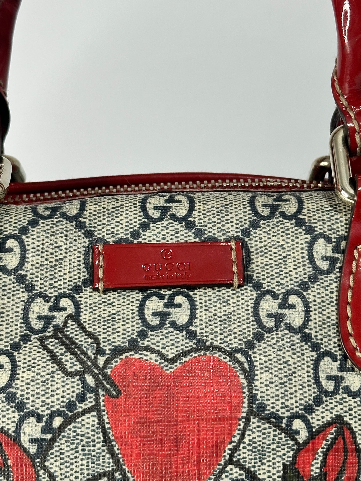 GUCCI
Blue/Red GG Coated Canvas Tattoo Heart Medium Joy Boston Bag
