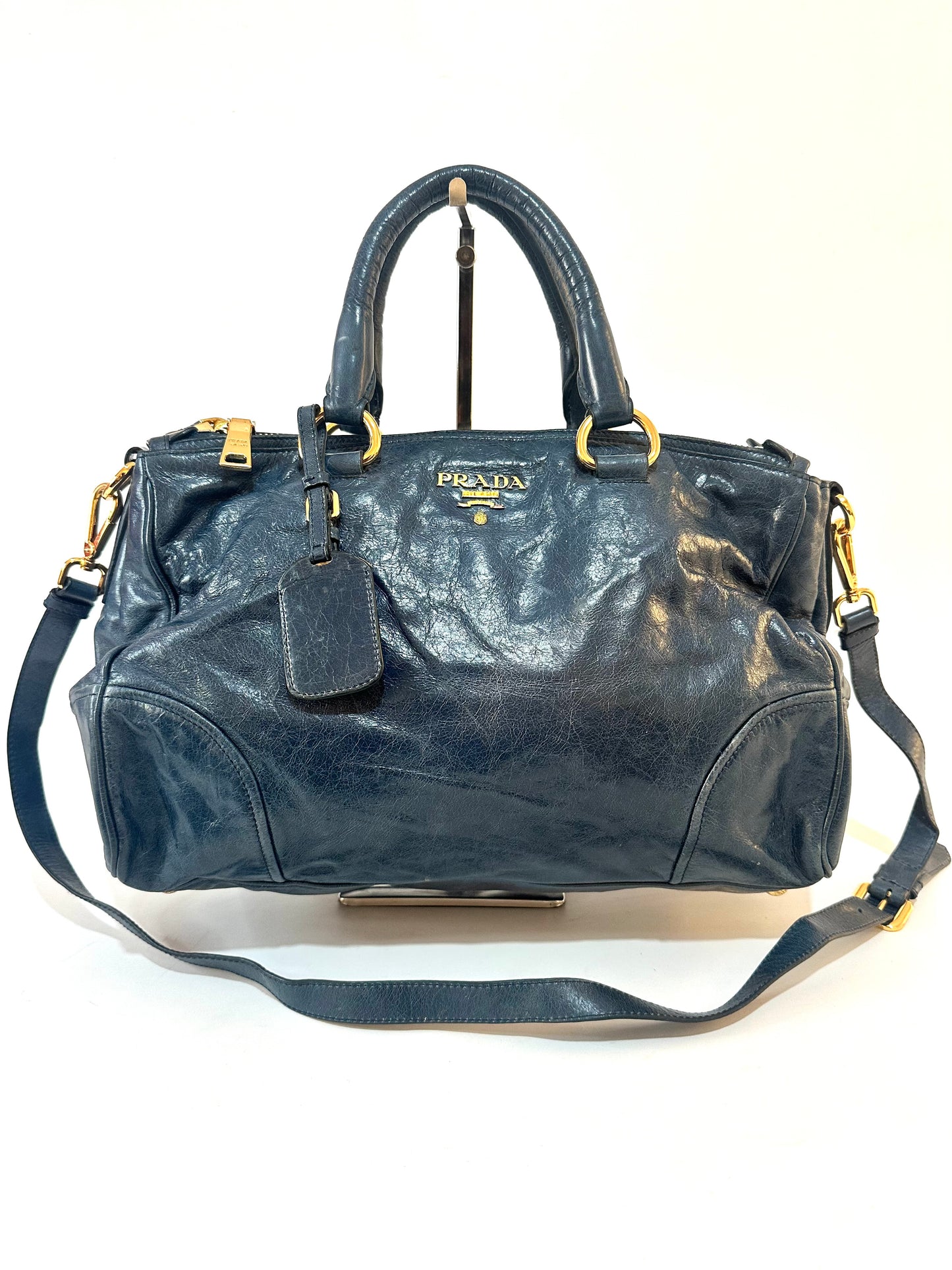 PRADA
Denim Blue Vitello Shine Leather Bauletto Bag