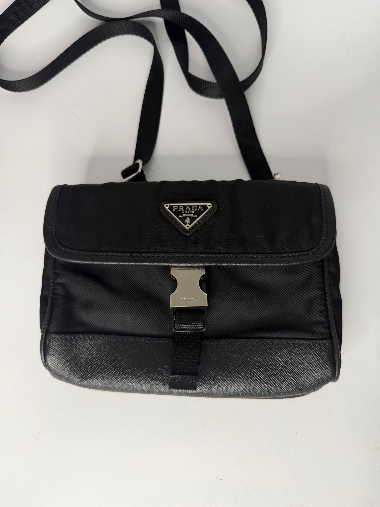 Prada Black Re-Nylon and Leather Flap Crossbody Bag