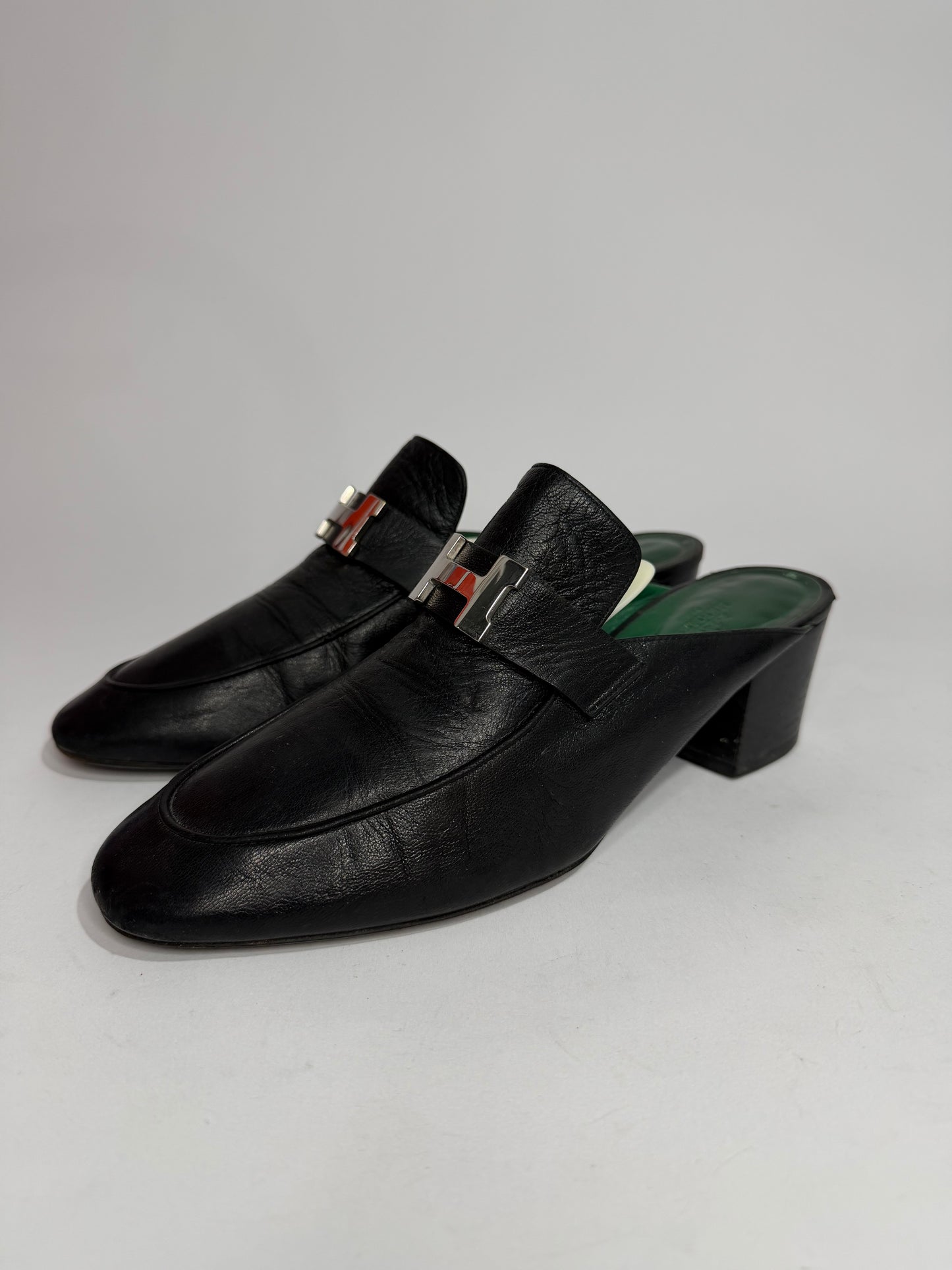Hermes Black Leather Paradis Block Heel Mule Sandals Size 40
