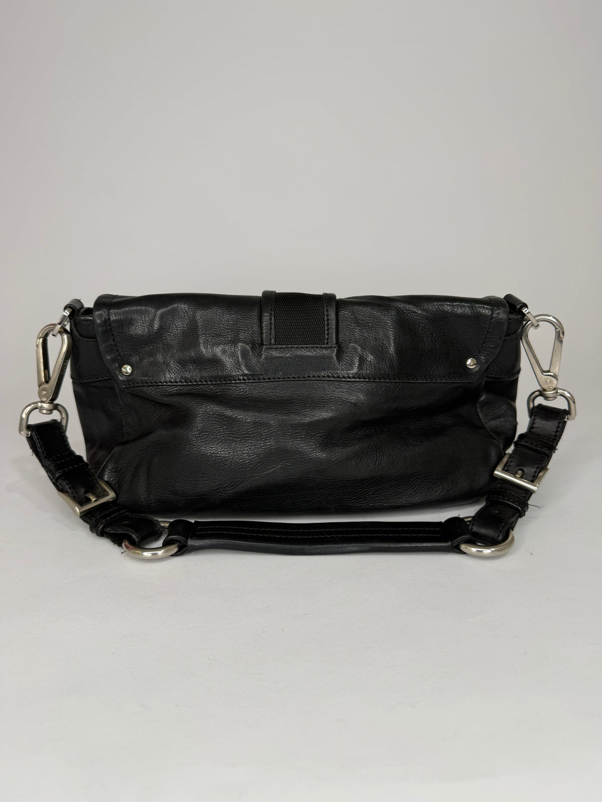 Prada Black Nylon and Leather Buckle Flap Baguette Bag