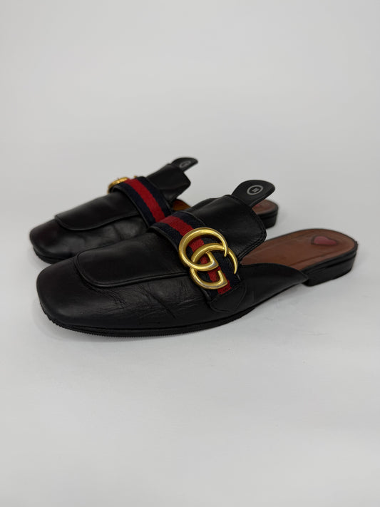 Gucci Black Leather Peyton Flat Mules Size 38 EU/ 8 US / 5 UK