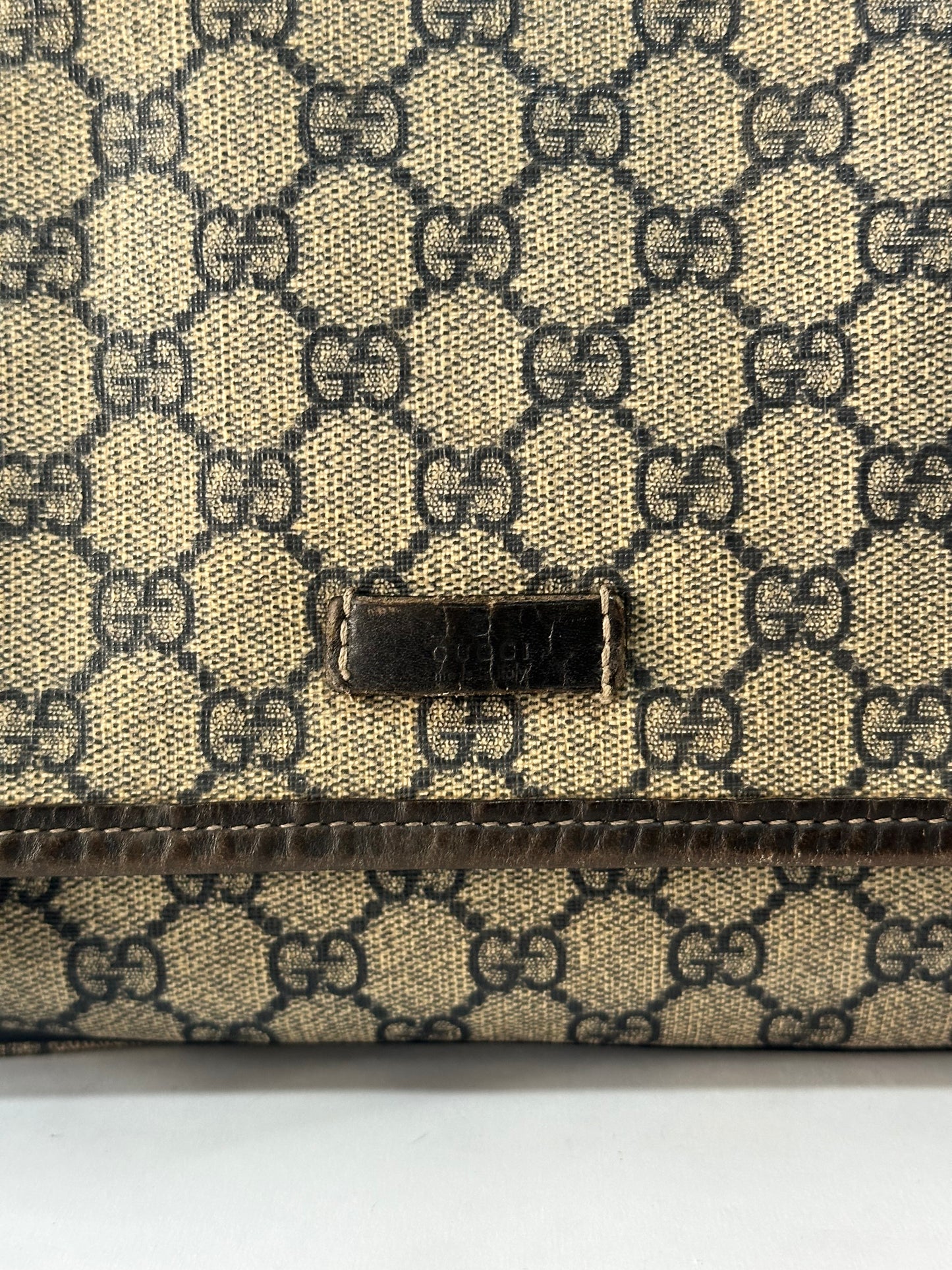 GUCCI  GG Plus Monogram Medium Double Buckle Flap Messenger Bag Beige Navy