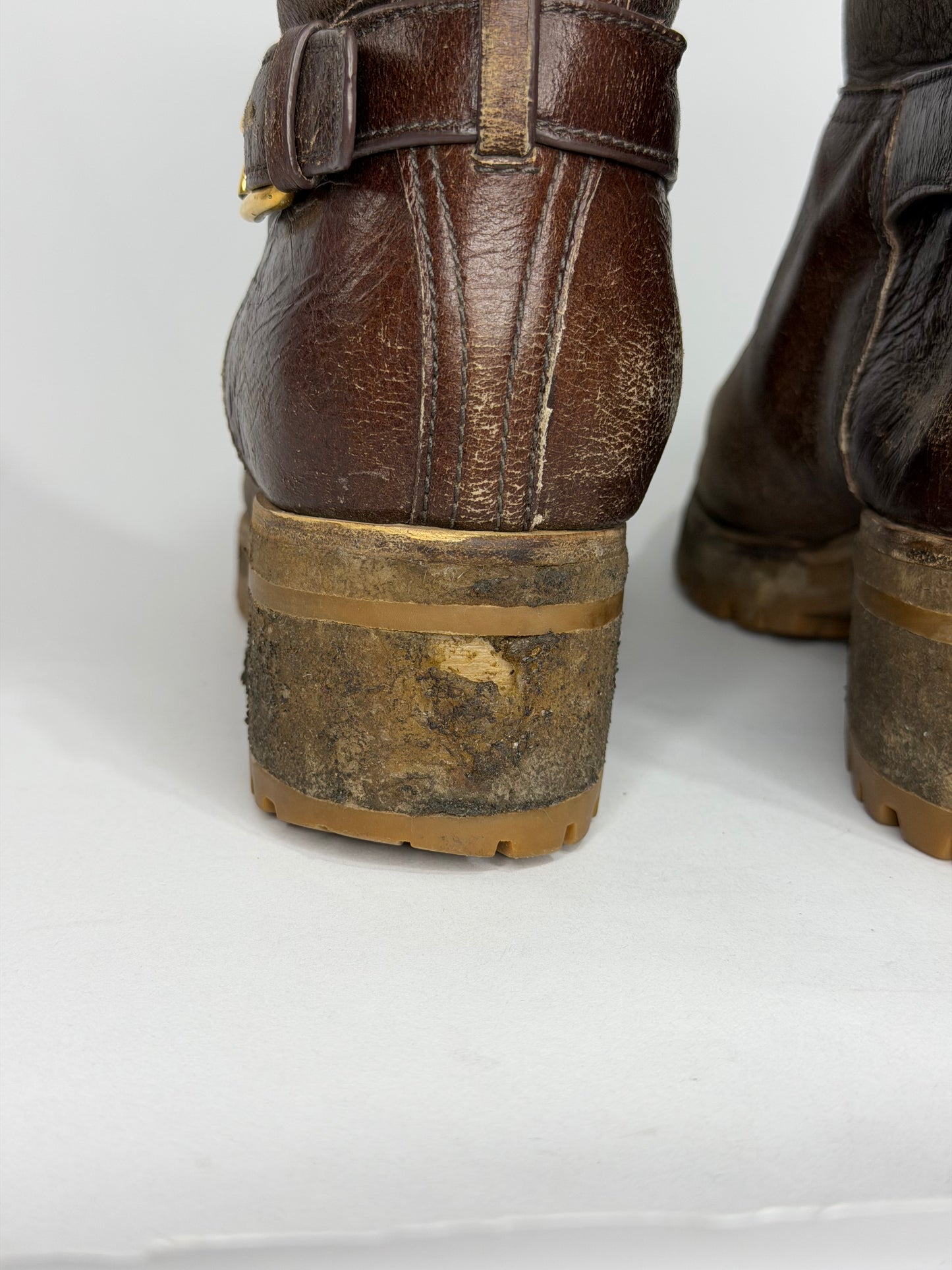 Vintage Prada Brown Leather Buckle Detail Mid Calf Length Boots Size 40 EU/ 10 US / 7 UK